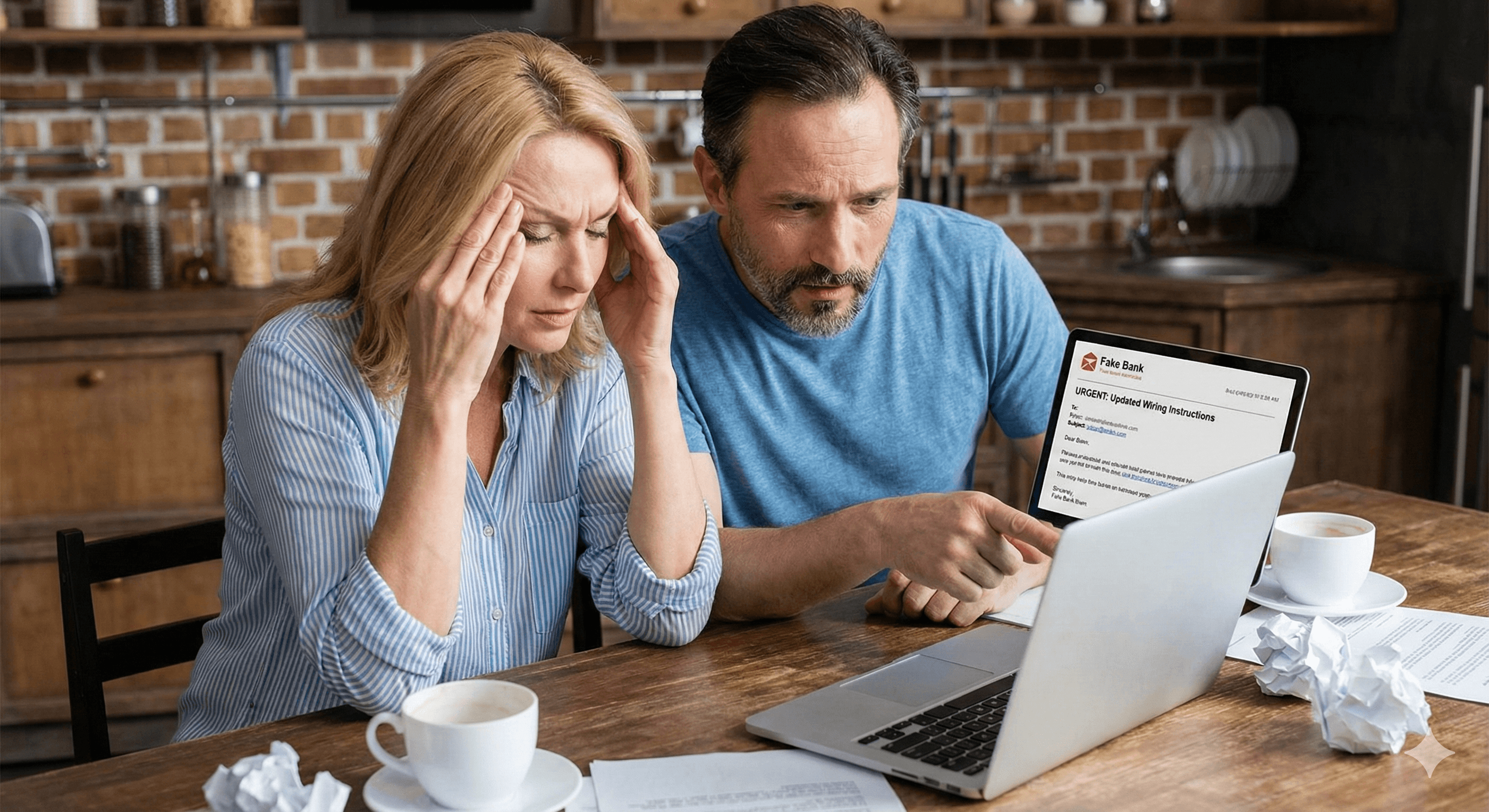 Couple reviewing suspicious email wiring instructions during a real estate transaction