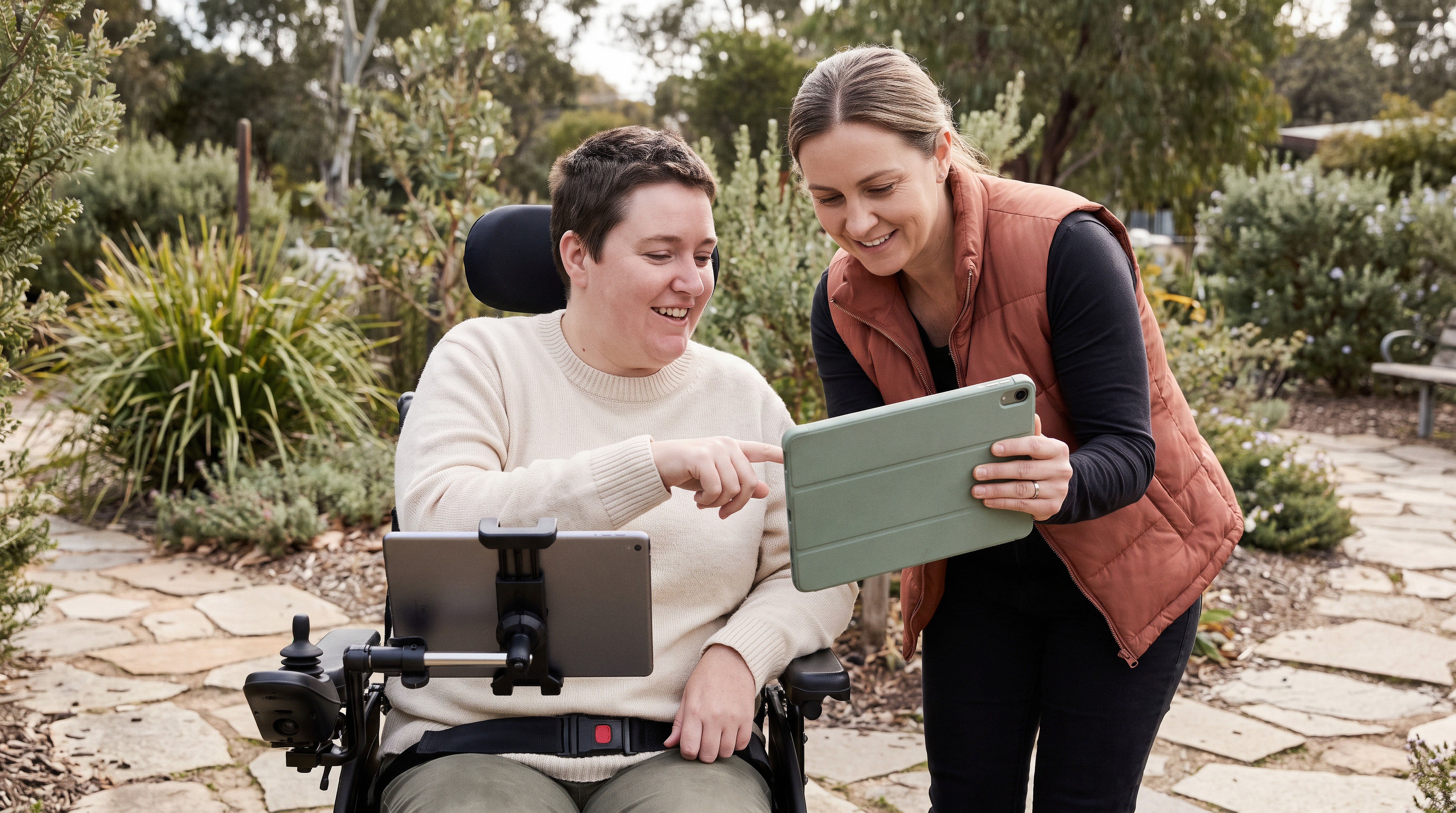 A support worker showing a participant in a power wheelchair how to use a tablet outdoors