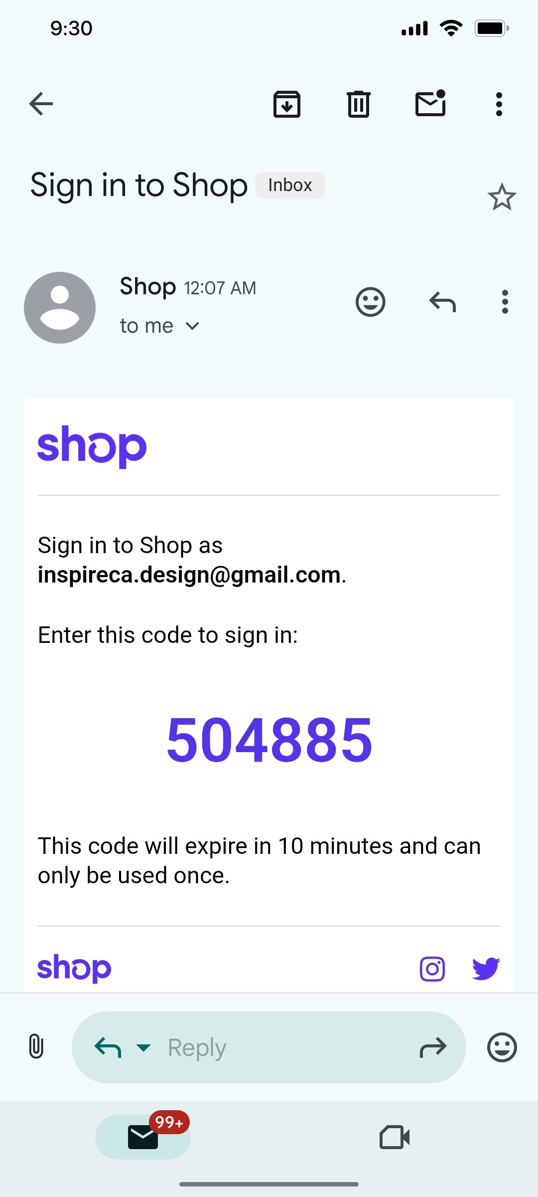 Shop App Sign in code Screen