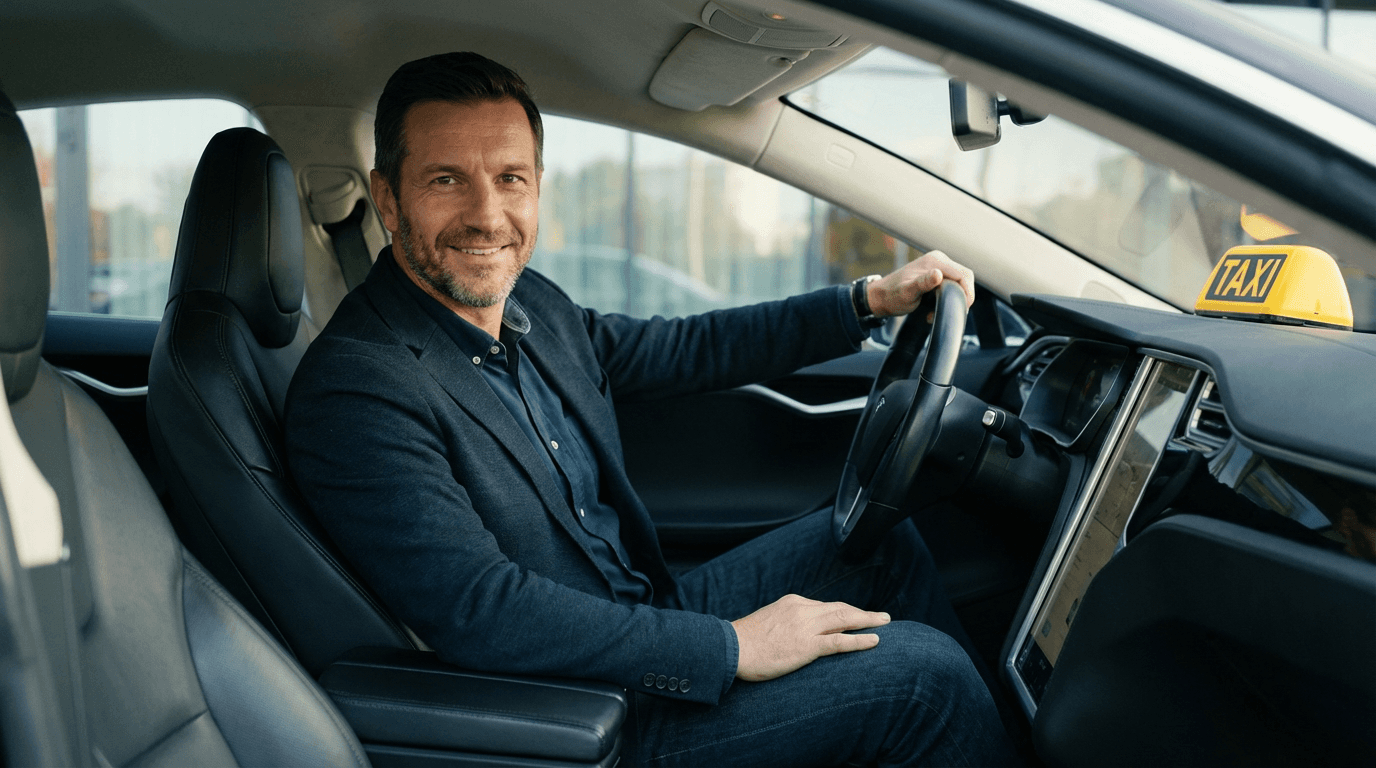 Chauffeur VTC souriant au volant après avoir trouvé une solution d'assurance malgré une résiliation pour non-paiement chez Select Assurance.