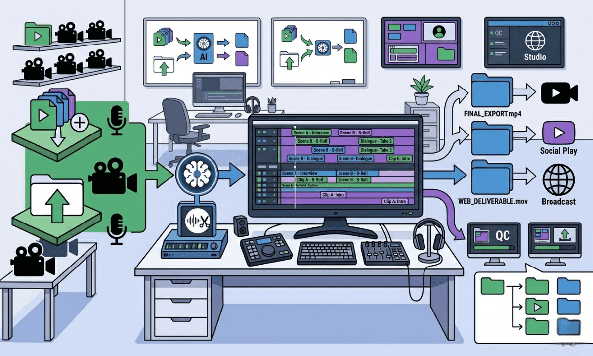 Illustration of a professional video editing studio showing raw footage ingestion, AI processing, a multi-track editing timeline on a central monitor, and automated export outputs for YouTube, social media, and broadcast