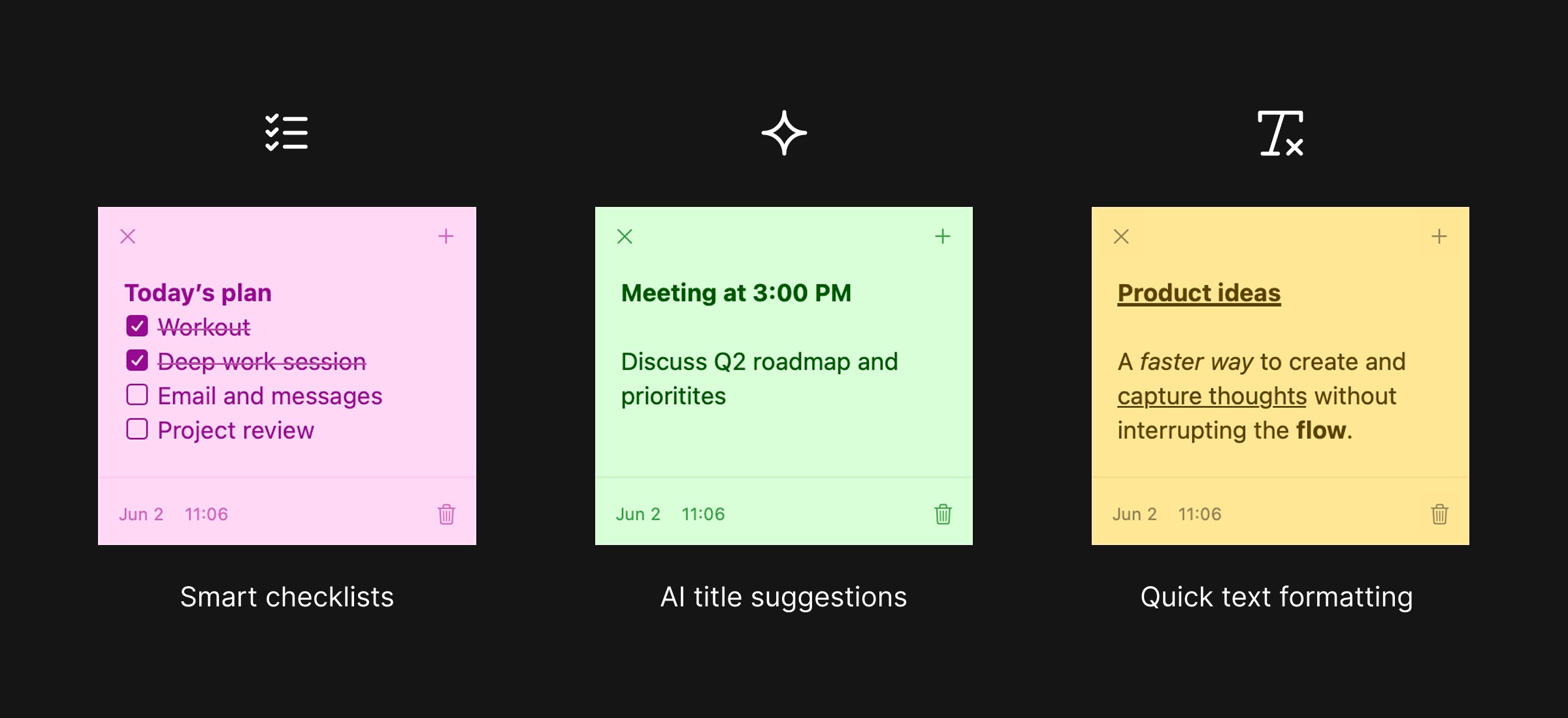 Some features of CueNow shown on different sticky notes