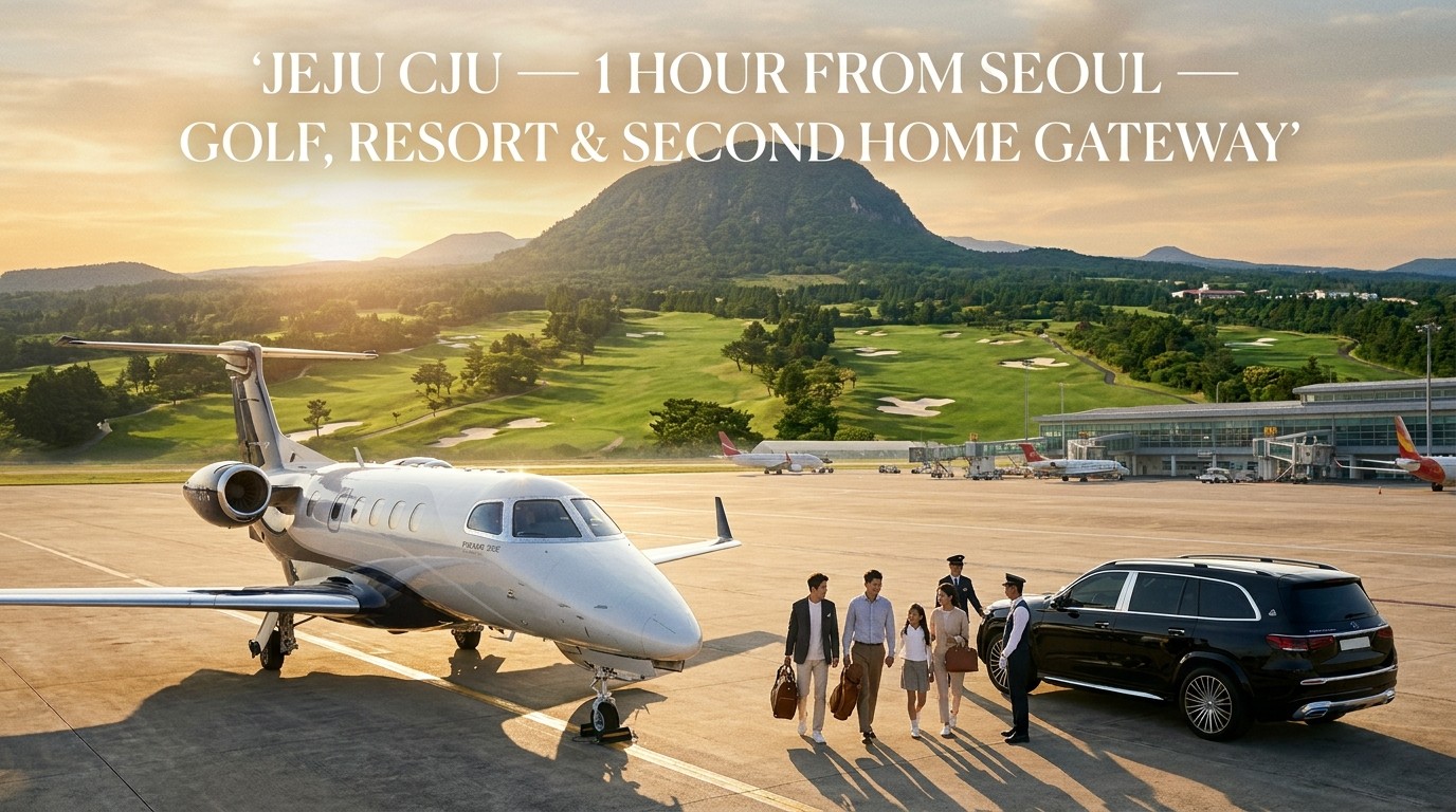 Published: May 28, 2026 | Read time: 16 minutes | Format: Jeju Airport private jet gateway guide ⛳ This page is for: ✔️ Principals who want to fly private for same-day or overnight Jeju golf ✔️ Owners of a Jeju second home making 2-4 visits monthly ✔️ Families who want Jeju getaways without commercial airport waits ✔️ Anyone reviewing Jeju Airport private jet pricing, aircraft, golf course access, and VIP escort in one place ✔️ Buyers deciding between a Gimpo-Jeju round-trip charter and a 25-hour jet card This is the dedicated Jeju reference: pricing, routes, golf course access, and VIP escort for Korea's most-flown leisure gateway. → Jeju charter quote (Wonjin Choi 📞 +82-10-7723-3177) Jeju Airport Private Jet Charter 2026: The Golf, Resort & Second-Home Gateway Thirty minutes from Gangnam to Gimpo, one hour in the air to Jeju. For Korean principals, Jeju is the closest premium escape you can reach in a morning, play a round, and be home by evening. You can get there on a commercial flight, sure, but anyone who has fought weekend crowds at Gimpo's domestic terminal, worked around a fixed timetable, and tried to fit an airline schedule to a tee time already understands what charter buys. A Jeju charter isn't really about transportation. It's about taking the weekend back — the golf, the family time, the second-home visit — and making it entirely yours. Jeju occupies a distinct place in how Korean principals fly private. If Gimpo SGBAC is the 30-minutes-from-Gangnam everyday departure point, and Incheon is the long-haul gateway to the Americas and Europe, Jeju is the leisure gateway in between — the most frequently, most repeatedly flown route of the year. Golf-season weekends, summer family holidays, second-home visits, hosting guests: Jeju is among the highest-frequency routes any Korean charter client flies. Yet a dedicated reference page bringing together Jeju pricing, aircraft, golf course access, and VIP escort has been hard to find. This page completes the airport trilogy, alongside the existing Gimpo SGBAC and Incheon long-haul references. What follows: Gimpo-Jeju pricing by aircraft type in USD, the standard same-day golf itinerary timeline, premium Jeju golf course and resort access, second-home owner usage patterns and 25-hour jet card economics, the BestTurn VIP escort process on arrival at Jeju, and an honest comparison against commercial flying. Everything a principal who flies Jeju regularly needs on one page. Air Charter Korea (ACK) matches Korean principals, families, and golf groups who use Jeju as a leisure gateway with global operator networks. Founder Wonjin Choi, drawing on his background as Former Korean Air Business Jet Operations Manager · Former Samsung Electronics Business Jet Account Manager, grounds this guide in firsthand Gimpo-Jeju route operating experience. From a same-day golf charter to a second-home jet card, ACK supports every stage of Jeju flying. Jeju Airport private jet charter guide: golf, second home, and family leisure gateway — one hour from Seoul, 2026 ACK ⚡ Jeju charter quote: free advisory Send your dates, party size, and golf course or resort. You'll get Gimpo-Jeju aircraft matching, round-trip or same-day itinerary pricing, and integrated golf course and BestTurn VIP escort quotes. Second-home owners can run the year predictably with a 25-hour jet card. 📧 contact@aircharterkorea.com | 📞 Wonjin Choi +82-10-7723-3177 → Free Jeju charter quote 1. Jeju Airport: Korea's Leisure Gateway Why Jeju is the private jet leisure gateway Jeju International Airport (CJU) is Korea's most frequently flown domestic private jet destination. About an hour's flight from Gimpo, with no customs or immigration as a domestic route, you move straight from the aircraft to the golf course or resort on arrival. A mild year-round climate, a dense concentration of premium golf courses, luxury resorts, and second-home communities make Jeju the highest-recurrence leisure destination for Korean principals. Gimpo-Jeju is the single most-flown domestic charter route in Korea, running everything from one-off charters to recurring jet card programs. The three core uses of Jeju charter Golf: Same-day or overnight golf trips. The largest share of Korean Jeju charter use Second home: Regular 2-4 monthly visits by Jeju second-home owners Family leisure: Summer holidays, family gatherings, hosting guests What makes Jeju particularly well suited to charter Domestic, no customs: No immigration processing, so you reach the golf course or resort within 5-10 minutes of landing Skip the weekend crush: Bypass the weekend congestion and security lines at Gimpo and Jeju domestic terminals Schedule freedom: Set departure and return around your tee time and round completion Built for repeat use: The short leg and high frequency make this the route where jet card programs fit best For integrated Korean airport infrastructure, see the Korea Airport Private Jet Guide covering Gimpo, Incheon, and Jeju together. The everyday gateway Gimpo SGBAC is covered in the Gimpo SGBAC Guide, and the long-haul gateway Incheon in the Incheon Long-Haul Guide. 2. Seoul-Jeju Private Jet Pricing: By Aircraft and Itinerary One-way pricing by aircraft (USD) Aircraft Category Representative Aircraft Seats One-Way Light jet (most popular) Phenom 300E 6-8 $6K-$10K Midsize jet Citation Latitude 8-9 $8K-$13K Super-midsize Challenger 350 8-10 $10K-$15K Pricing by itinerary type Itinerary Type Description Pricing (Light/Midsize) One-way Gimpo → Jeju, single leg $6K-$13K Same-day round trip (wait) Morning out, golf, evening return, aircraft waits in Jeju $14K-$28K Overnight round trip Friday out, Sunday back $16K-$32K 25-hour jet card ~12-15 round trips annually (1-2 monthly) $150K-$250K Key pricing points Wait cost: On a same-day round trip, the aircraft's ground wait time in Jeju adds wait charges. Compare against repositioning the aircraft back to Gimpo and returning Empty-leg opportunity: Jeju sees heavy one-way demand, so reverse-direction empty legs come up often. If your dates flex, savings of 50-90% are possible Stable pricing: As a short-haul route, Jeju shows less seasonal variance than long-haul, so charter pricing is easier to predict vs. commercial: For four passengers, roughly 3-4x a business-class fare, but the decision turns on time value rather than ticket price For route-by-route pricing detail, see the Private Jet Charter Pricing Guide; for empty legs, the Empty Leg Guide. Seoul to Jeju private jet pricing — light and midsize jet one-way, round trip, same-day golf, overnight, and jet card itinerary breakdown 3. The Jeju Same-Day Golf Trip: Standard Timeline Morning departure to evening return Time Activity Duration 06:30 BestTurn vehicle picks up at Gangnam residence 0 min 07:00 Arrive Gimpo SGBAC, VIP lounge, 5-minute processing 30 min 07:30 Depart Gimpo 1 hr flight 08:30 Arrive Jeju, BestTurn escort vehicle to golf course 30-40 min 09:30 Arrive course, tee off 18 holes 15:00 Round ends, clubhouse meal 1-2 hrs 17:00 Return to Jeju airport, depart 1 hr flight 18:00-18:30 Arrive Gimpo, BestTurn vehicle to residence Gangnam 30 min An early departure, an unhurried 18 holes, and home by evening: that's the standard Jeju charter day. To run the same itinerary commercially, you'd face a pre-dawn airport arrival, security lines, a fixed departure time, and arranging a rental car or taxi on the other end. Charter lets you design every hour around the tee time instead. Golf society and corporate group charter For an eight-person golf group or a corporate golf event, a midsize or super-midsize aircraft moves everyone together. Running a golf society's regular outing by charter eliminates the burden of members traveling individually and delivers one continuous experience from departure through the round and back. For those combining Korea-Japan-Vietnam golf tours, the Golf Private Jet Charter Guide covers a wider route set. 4. Premium Jeju Golf Course and Resort Access From Jeju Airport to the course Premium golf courses are distributed across Jeju Island. Most major courses sit 30 minutes to an hour from the airport by BestTurn escort vehicle, and on arrival you go straight to the clubhouse. ACK coordinates course bookings, aircraft scheduling, and escort vehicles together, so once you provide the dates, the connections handle themselves. Resort and second-home connections Luxury resorts: BestTurn escort vehicle straight to resort check-in, with resort golf packages available Second homes: Direct transfer to the principal's Jeju residence, with vehicle and schedule pre-registered for regular visits Family leisure: Family baggage, children, and pets all handled through the escort vehicle For traveling to Jeju with pets, see the Pet-Friendly Private Jet Guide; for family luxury leisure scheduling, the Luxury Travel Calendar Guide. Jeju premium golf course and luxury resort — BestTurn VIP escort vehicle direct transfer from Jeju Airport on arrival 5. BestTurn VIP Escort Integration at Jeju Fast arrival with no customs As a domestic airport, Jeju has no customs or immigration, which makes the arrival flow very fast. With BestTurn VIP Airport Escort, you're in the escort vehicle and headed to the golf course, resort, or second home within 5-10 minutes of landing at Jeju. Step What Happens ① Aircraft arrival Arrive Jeju, BestTurn staff greet at the aircraft ② Baggage Staff move golf bags and luggage to the vehicle ③ Escort vehicle Luxury escort vehicle direct to course, resort, or residence ④ Return coordination Vehicle waiting at the return time, direct to Jeju airport BestTurn VIP escort packages Single use: 1-5 person group at USD 150-300 per use (luxury vehicle and VIP escort) Family/golf group: 5-10 person group at USD 300-600 per use Second-home regular package: Discounted package for principals visiting 2-4 times monthly Contact: Steve 📞 +82-10-3721-2853 / service@bestturnaround.com For VIP escort integration on Gimpo departure, see the Gimpo SGBAC Guide; for the escort booking process, the Private Jet VIP Escort Booking Guide. 6. The Jeju Second-Home Owner's Recurring Pattern Jet card economics for 2-4 monthly visits For owners who hold a Jeju second home and visit regularly, running the year on a 25-hour jet card beats booking individual charters each time. A Gimpo-Jeju round trip is about two hours (one hour each way), so a 25-hour jet card covers roughly 12-15 round trips annually, a precise fit for a one-to-two-visits-monthly pattern, with pricing locked at purchase and insulated from seasonal swings. What a jet card delivers for the second-home owner Predictable cost: 25 hours at $150K-$250K fixes the annual spend up front Priority weekend slots: Card members get first access to peak-season weekend slots Simple booking: No quote-and-contract cycle each time. Just notify the dates and the aircraft is dispatched Integrated escort: Bundled with the BestTurn second-home regular package For jet card, annual program, and single charter comparison, see the Rental Cost by Duration Guide; for the ownership-versus-charter decision, the Ownership vs Charter Guide. 7. Four Jeju Charter Flight Patterns Pattern ①: Weekend same-day golf (2-4 monthly) A Gangnam or Bundang principal departing Gimpo on a weekend morning, playing 18 holes in Jeju, and returning by evening. A foursome fits a light jet; an eight-person group moves to midsize or super-midsize. At 2-4 trips monthly, a 25-hour jet card is the most sensible structure. Pattern ②: Second-home regular visits (2-4 monthly) A Jeju second-home owner visiting with family on weekends and holidays. A family of 4-6 fits a light or midsize jet. Run the year on a jet card and bundle it with the BestTurn second-home regular package. Pattern ③: Family summer and holiday leisure (3-6 annually) Family groups heading to a Jeju resort over summer vacation or national holidays. A family of 6-10 fits a midsize or super-midsize. Being peak season, this needs 14-30 days' advance booking, run as a single charter or overnight round trip. Pattern ④: Corporate golf and company events (1-2 per quarter) A corporate golf event or executive workshop in Jeju. A group of 8-16 takes a super-midsize, a heavy jet, or two aircraft. This is a single charter built around the corporate calendar, with course, resort, and escort coordinated together. For corporate multi-city itineraries, see the Multi-City Business Itinerary Guide. 8. Jeju Private Jet vs Commercial Flight: What Actually Differs Factor Commercial Flight Private Charter Departure time Fixed schedule Set around your tee time Airport wait Security and boarding, 1-2 hours Gimpo SGBAC 5-minute processing Weekend crowds Severe domestic terminal congestion Private lounge, no crowds Golf bags Checked baggage, claim wait Staff move them aircraft to vehicle Arrival transfer Arrange rental car or taxi separately Escort vehicle direct to course Cost for 4 Lower combined business-class fare ~3-4x, but preserves time value The real value of a Jeju charter isn't shaving travel minutes — it's protecting the scarcest resource in a weekend of golf or family time: the time itself. Strip out the pre-dawn airport arrival, security lines, schedule constraints, and arrival-transfer logistics, and the same weekend yields a more relaxed round and more hours with family. At four passengers the cost runs above business class, but for parties of eight or more, golf-society or corporate use, or when you value executive time at its real rate, the decision balance tips toward charter. 9. The ACK Jeju Charter Advisory — Five Steps Step 1: Schedule and purpose intake (one meeting, free) Share your Jeju purpose (golf, second home, family leisure), monthly frequency, party size, preferred course or resort, and budget. Step 2: Aircraft and itinerary matching (within days) Aircraft matched to the Jeju route, with one-way, same-day round trip, overnight, and jet card option quotes plus a commercial flight comparison. Step 3: Jet card or single booking Regular visitors get a 25-hour jet card issued; one-off users book charters by itinerary. Step 4: Golf course, resort, and escort integration Course bookings, resort check-in, and BestTurn VIP escort vehicles coordinated with the aircraft schedule. Step 5: Ongoing concierge Flight-by-flight scheduling, settlement, escort operations, and jet card balance management, all integrated. 10. Frequently Asked Questions Q: What does a same-day Jeju golf round trip cost by private jet? A same-day round trip on a light or midsize jet (morning out, golf, evening return) runs approximately $14K-$28K. It varies with how long the aircraft waits in Jeju. For a party of 4-8, the per-person cost lands at a reasonable level once you account for time value alongside the commercial business-class fare. Q: Can I use empty legs on the Jeju route? Yes. Jeju has heavy one-way demand, so reverse-direction empty legs come up relatively often. If your dates flex, you can capture empty legs at 50-90% below standard pricing. The catch is that empty legs are tied to the aircraft's schedule, so they only work when you can match the date and time. ACK flags Jeju-route empty legs to clients as they arise. Q: Can I bring golf bags and caddie bags on the jet? Yes. Even a light jet comfortably holds a foursome's golf bags, and midsize or larger easily takes an eight-person group's bags. With no commercial baggage check or claim wait, BestTurn staff move the golf bags directly from the aircraft to the escort vehicle. Q: I own a Jeju second home — is a jet card better than single charters? If you visit twice a month or more, the jet card wins. There's no quote-and-contract cycle each time; you just notify the dates and the aircraft is dispatched. Pricing is locked at purchase, insulated from peak-season weekend rate increases. Card members also get priority on weekend slots. For one visit a month or fewer, single charters or empty legs may suit better, and ACK runs the comparison on your actual frequency. Q: Can I bring family and pets to Jeju? Yes. A private jet lets pets travel in the cabin with the family, no crate required. Traveling with children, car seats and children's meals can be arranged in advance. As a domestic route, Jeju has no quarantine procedures, which makes pet travel especially easy. On arrival, the BestTurn escort vehicle takes the family and pets together to the resort or second home. Q: Jeju Airport is slot-congested — can I still book weekends? Jeju runs heavy slot congestion from commercial traffic, so booking early for weekends and golf peak season is wise. Weekdays: 7-14 days ahead; weekends and peak season: 14-30 days. A 25-hour jet card member gets priority weekend slot access, which holds your preferred time window reliably even in peak season. Q: Can I continue from Jeju directly to Japan or Southeast Asia? Yes. Jeju handles international operations as well, so you can build an itinerary continuing from Jeju to Japan (Fukuoka, Osaka) or Southeast Asia (Da Nang, Bangkok). International legs add Jeju customs and immigration with advance filing. ACK coordinates the routing and customs for a multi-leg itinerary like Jeju golf continuing to a Japan golf tour. 📞 Jeju charter quote: free advisory Principal, family, and golf advisory: ACK — Request Quote | Wonjin Choi 📞 +82-10-7723-3177 | contact@aircharterkorea.com Jeju VIP escort: BestTurn VIP Escort | Steve 📞 +82-10-3721-2853 | service@bestturnaround.com 🔗 ACK LinkedIn | Wonjin Choi LinkedIn Aircraft and itinerary matching · Same-day golf and jet card options · Golf course and resort access · Integrated BestTurn VIP escort Conclusion: Jeju Is the Leisure Gateway Korean Principals Fly Most If Gimpo SGBAC is the everyday departure point 30 minutes from Gangnam, and Incheon is the long-haul gateway to the Americas and Europe, Jeju is the leisure gateway in between — the one Korean principals reach for most often and most repeatedly. Weekend golf, second-home visits, family summer getaways: Jeju is among the highest-frequency routes of the year, and the short leg plus high repetition make it the route where programs like the 25-hour jet card fit best. The value of a Jeju charter is in protecting time, not saving money. Remove the weekend pre-dawn airport crush, the security lines, the schedule constraints, and the arrival-transfer logistics, and the same weekend produces a more relaxed round and more family time. At four passengers the cost runs above commercial, but for parties of eight or more, golf-society or corporate use, or when you value executive time at its real rate, the balance tips to charter. And paired with BestTurn VIP escort, the experience becomes one seamless flow from the aircraft to the clubhouse. ACK gives Korean principals, families, and golf groups who use Jeju as a leisure gateway the full package: aircraft and itinerary matching, the 25-hour jet card, golf course and resort access, and integrated BestTurn VIP escort. Tell us your Jeju purpose, monthly frequency, and party size and you'll get aircraft matching plus one-way, same-day round trip, and jet card option quotes. First consultation is free, and regular visitors can run the whole year predictably on a 25-hour jet card. Above Jeju, the flight: Air Charter Korea. On the ground at Jeju, the escort: BestTurn — together completing the principal's weekend. Jeju isn't just a domestic getaway; it's the premium gateway Korean principals fly most. This page brings the whole picture together in one place. Jeju private jet: one hour from Seoul, where the weekend golf and getaway begins. ACK Jeju Airport charter advisory — golf, second home, and family leisure with aircraft matching, jet card, golf course access, and integrated BestTurn VIP escort ✍️ About the Author Wonjin Choi | Former Korean Air Business Jet Operations Manager · Former Samsung Electronics Business Jet Account Manager Victor × Air Charter Service Korea Agent Founder, Air Charter Korea This guide draws on official service information from Air Charter Korea, publicly available operational data from Korea Airports Corporation for Jeju International Airport, ARG/US and Wyvern global aviation safety frameworks, the Korean Aviation Safety Act and Aviation Business Act, and global business aviation market reference pricing as of May 2026. All pricing represents market reference ranges; actual quotes and golf course/resort access and VIP escort costs vary by timing, aircraft type, operator policy, and itinerary conditions. For exact quotes and advance bookings, ACK or the relevant operator's official channels are the correct source. CJU, Phenom, Citation, and Challenger are registered trademarks of their respective operators and manufacturers; this guide is provided for general informational purposes and does not reflect any affiliate relationship with the named facilities, operators, golf courses, or resorts.