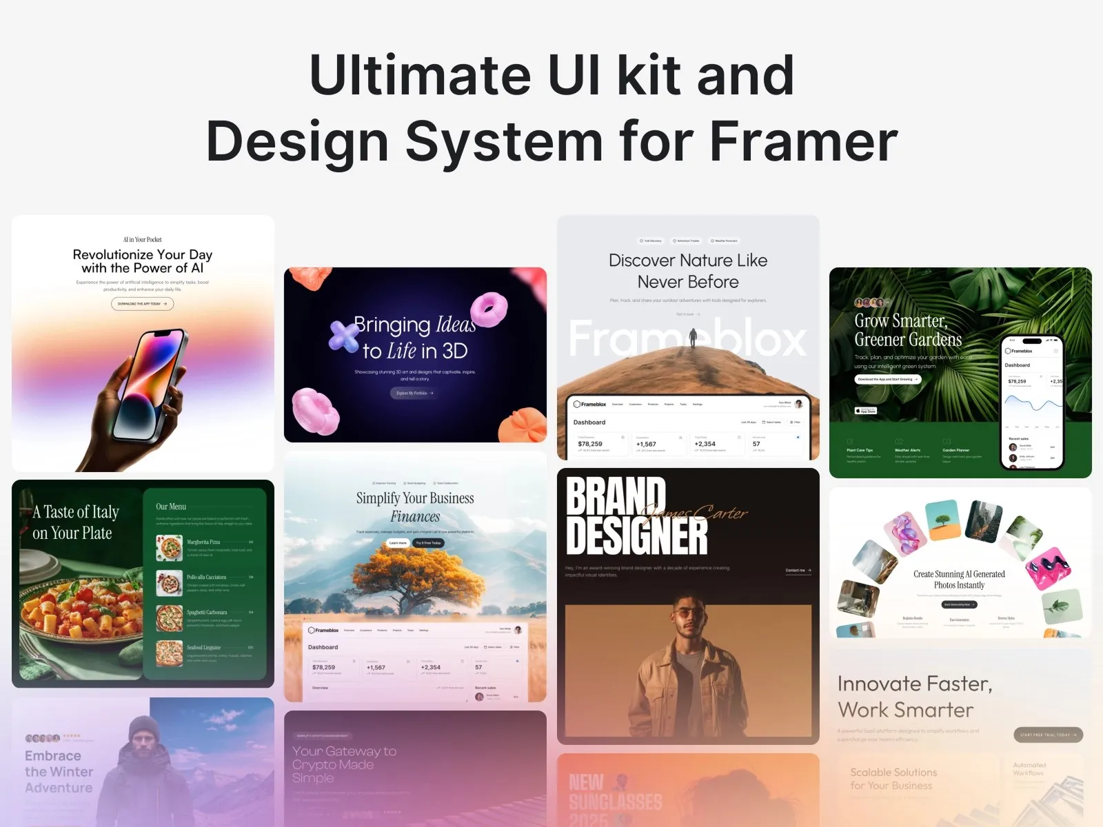 UI kit and design system samples displayed in a grid layout.