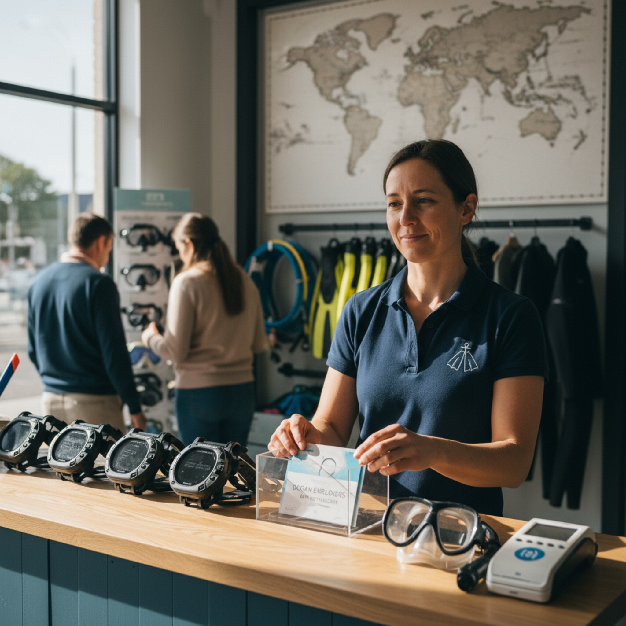 Realistisches Foto, Tresen einer Tauchbasis mit Kartenterminal neben Tauchcomputern und Masken, Mitarbeiter legt Gutschein in eine Box, warme, einladende Atmosphäre.