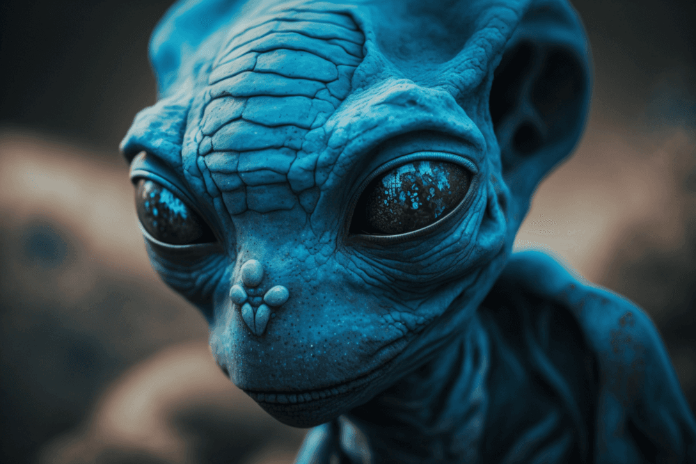 A close up image of a blue skinned alien creature that has big dark eyes.