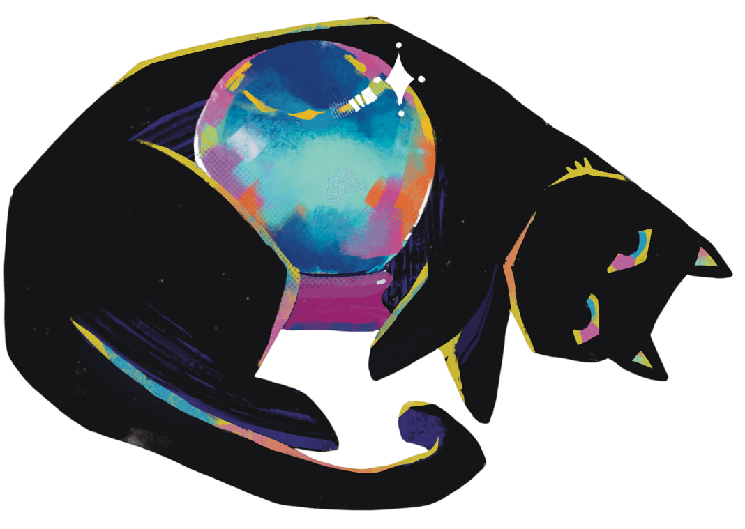 Illustration of a black cat with a vibrant iridescent hot air balloon design on its side against a white background.