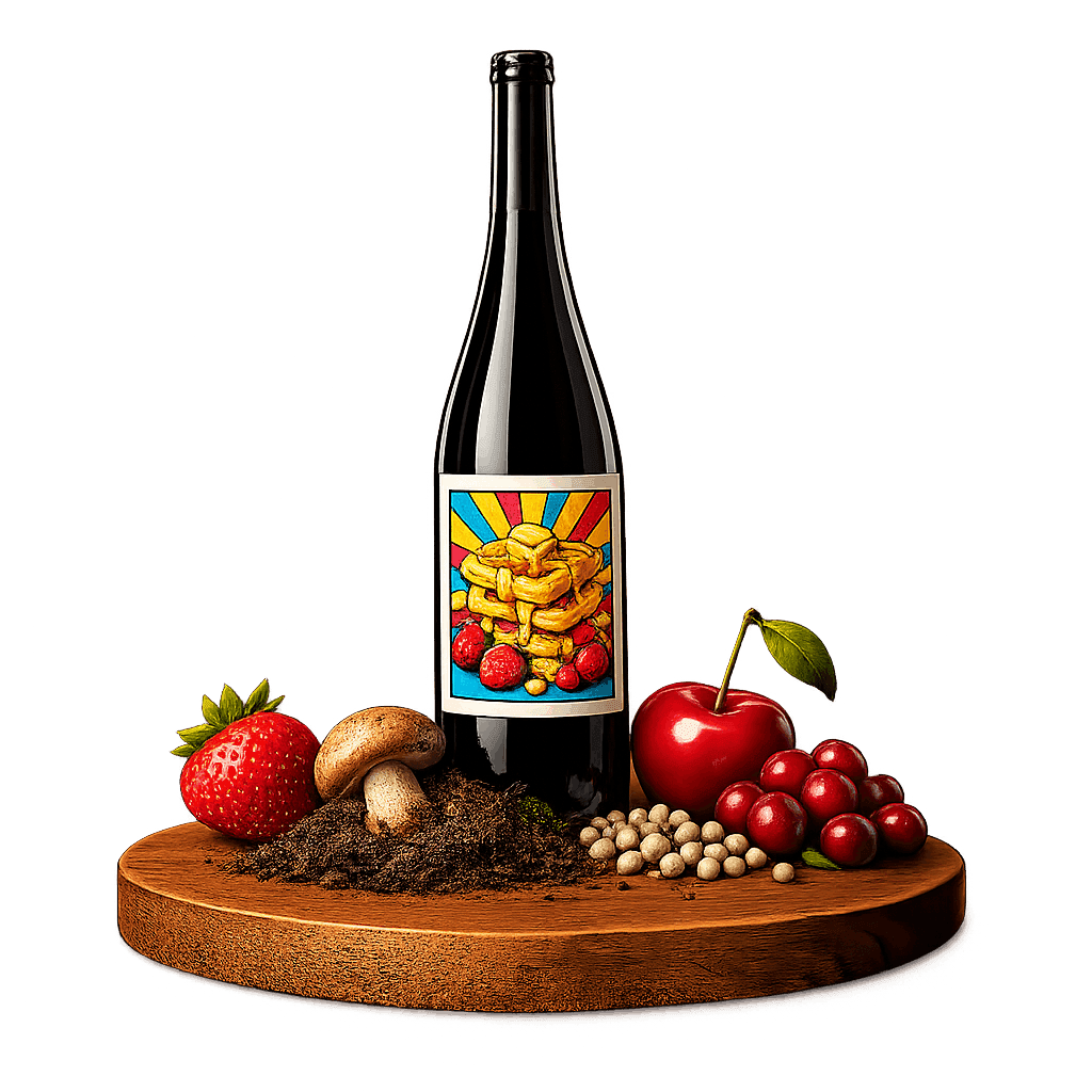 Artistic label and flavor profile for Belgian Pinot Noir on a rustic wooden table.