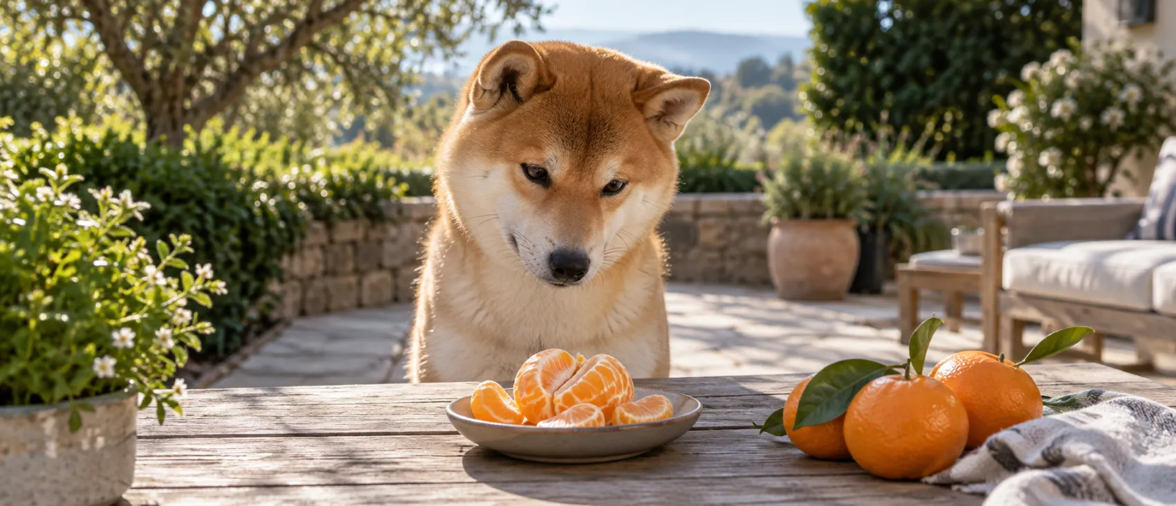 A Shiba Inu sitting outdoors beside peeled and whole clementines.