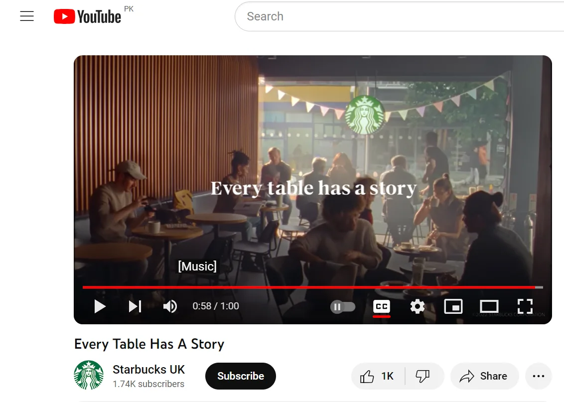 A screenshot of the starbucks ad on youtube