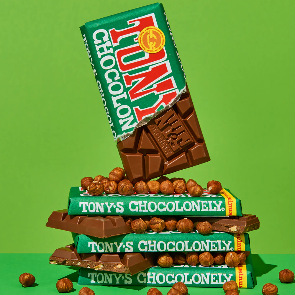 Tony's Chocolonely bar in green on green background