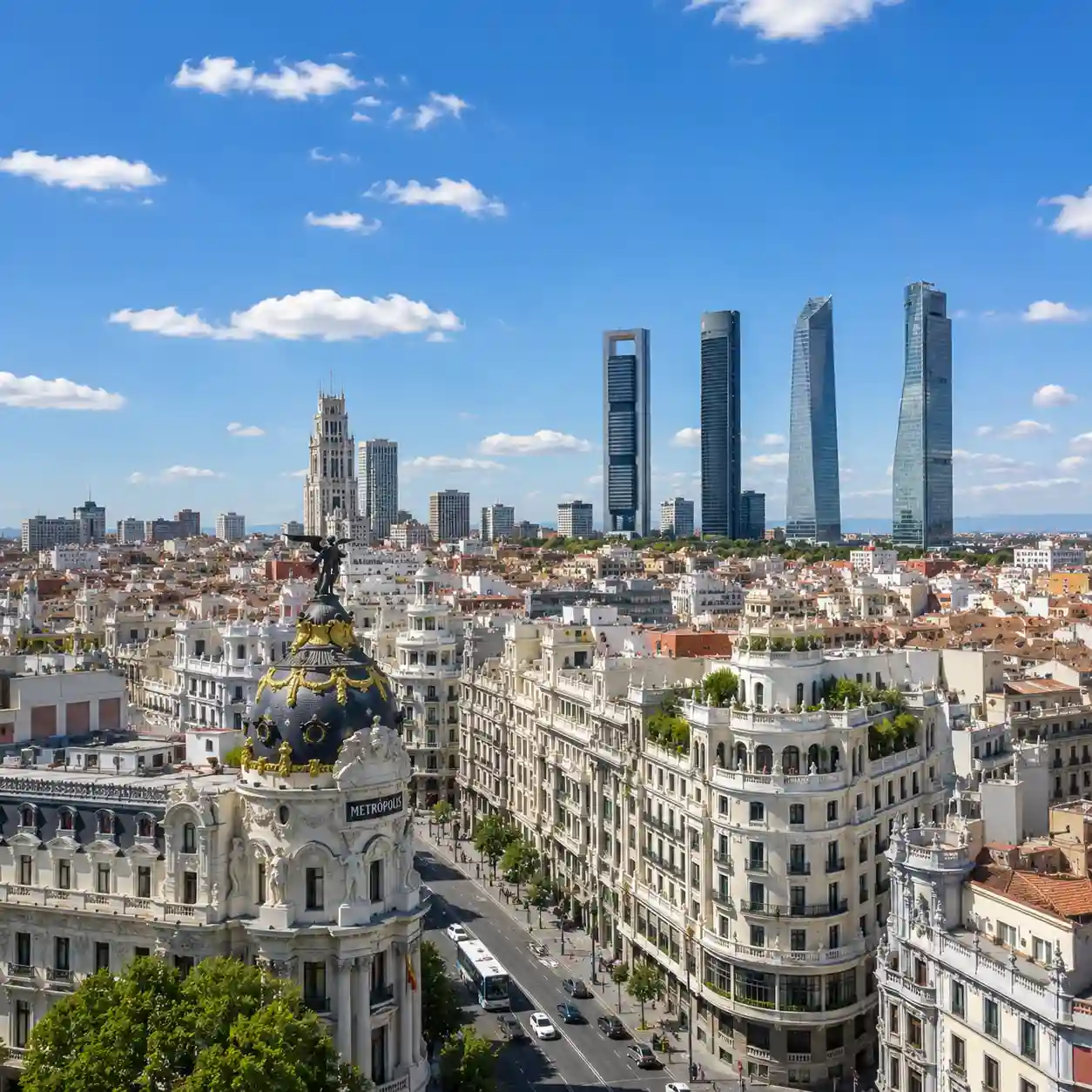 Sunny skyline of Madrid, Spain, representing student accommodation options for international students