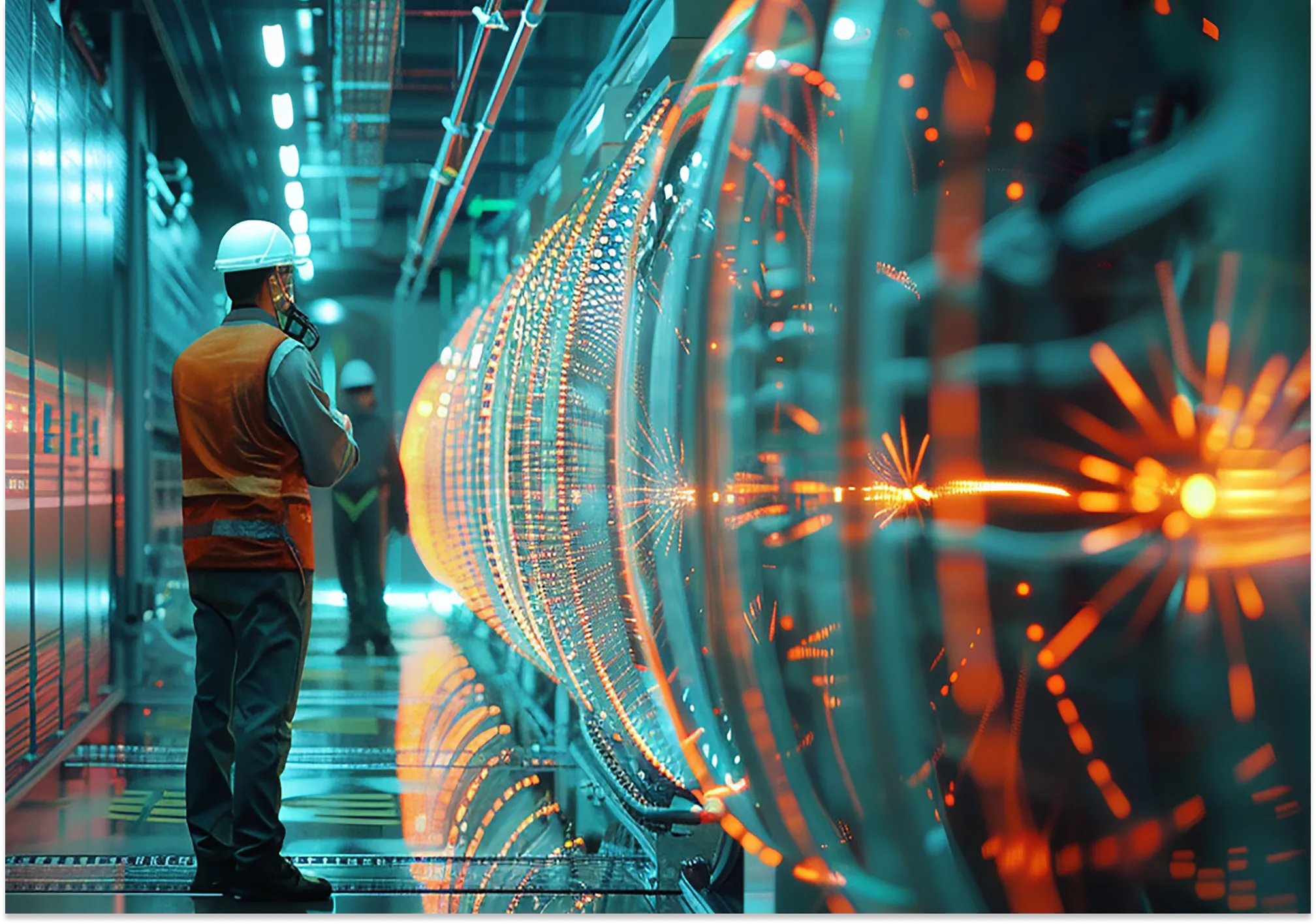 Industrial engineer inspecting a large server room facility cooling system or power plant pipeline infrastructure.