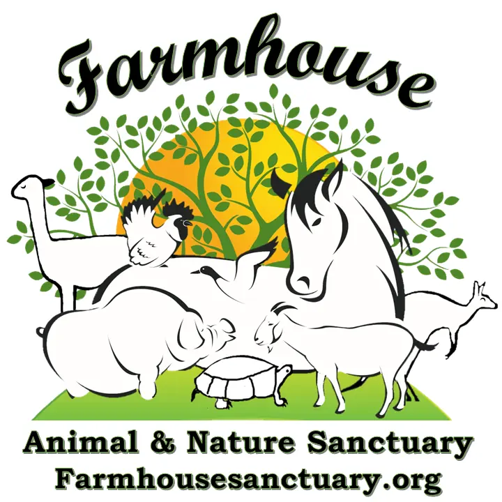 The logo showcases various farm animals, including a horse, pig, goat, llama, and rooster, set against a backdrop of green foliage with the sun rising, representing the Farmhouse Animal & Nature Sanctuary, located in Bradenton, FL.