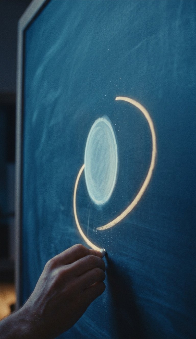A hand drawing a glowing circle and arc in chalk on a dark blue board
