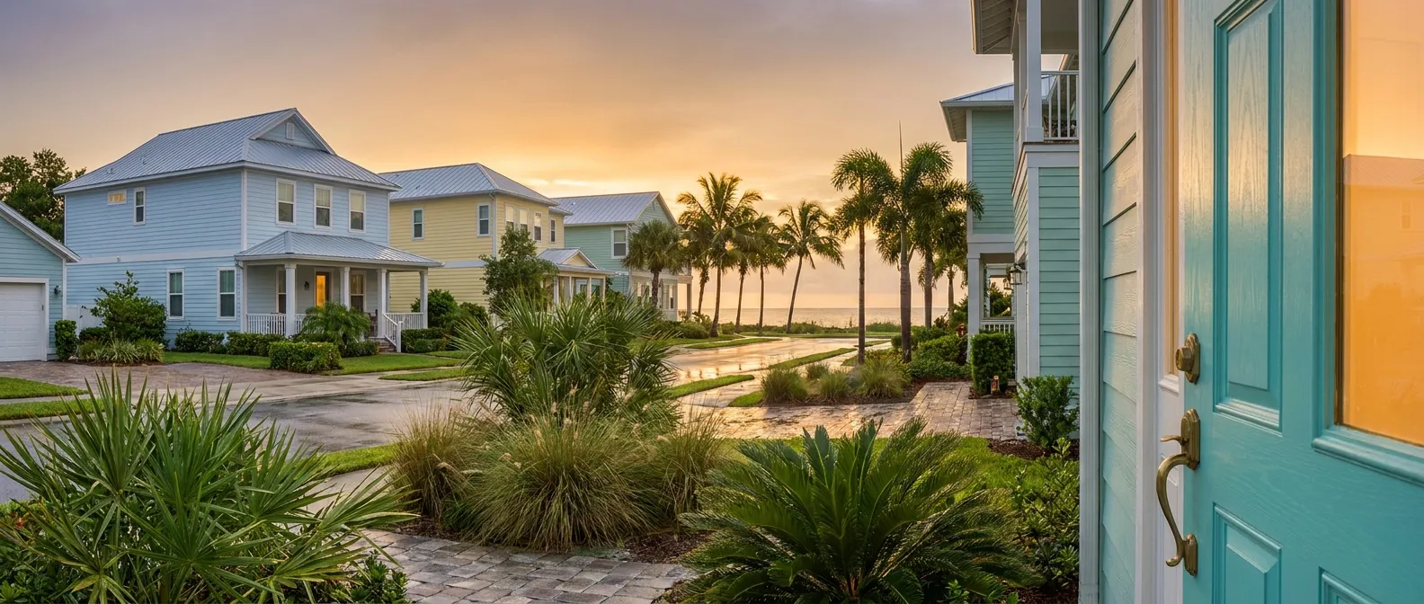Coastal homes view at sunset, RockN' Socials Digital Marketing Agency setting.