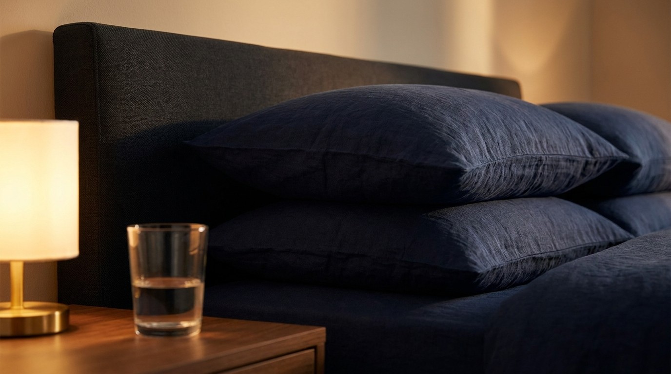 Bed with an extra pillow stacked up and a glass of water on the nightstand