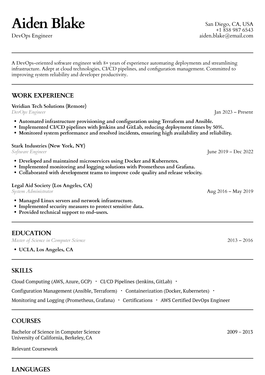DevOps-oriented software engineer resume example highlighting CI/CD, cloud infrastructure, and automation
