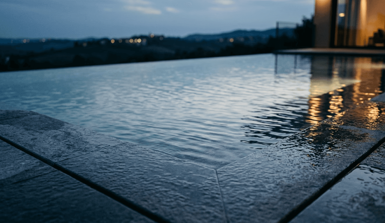 Dettaglio scala d'ingresso sommersa e finiture di pregio di una piscina Zenith Piscine in Piemonte