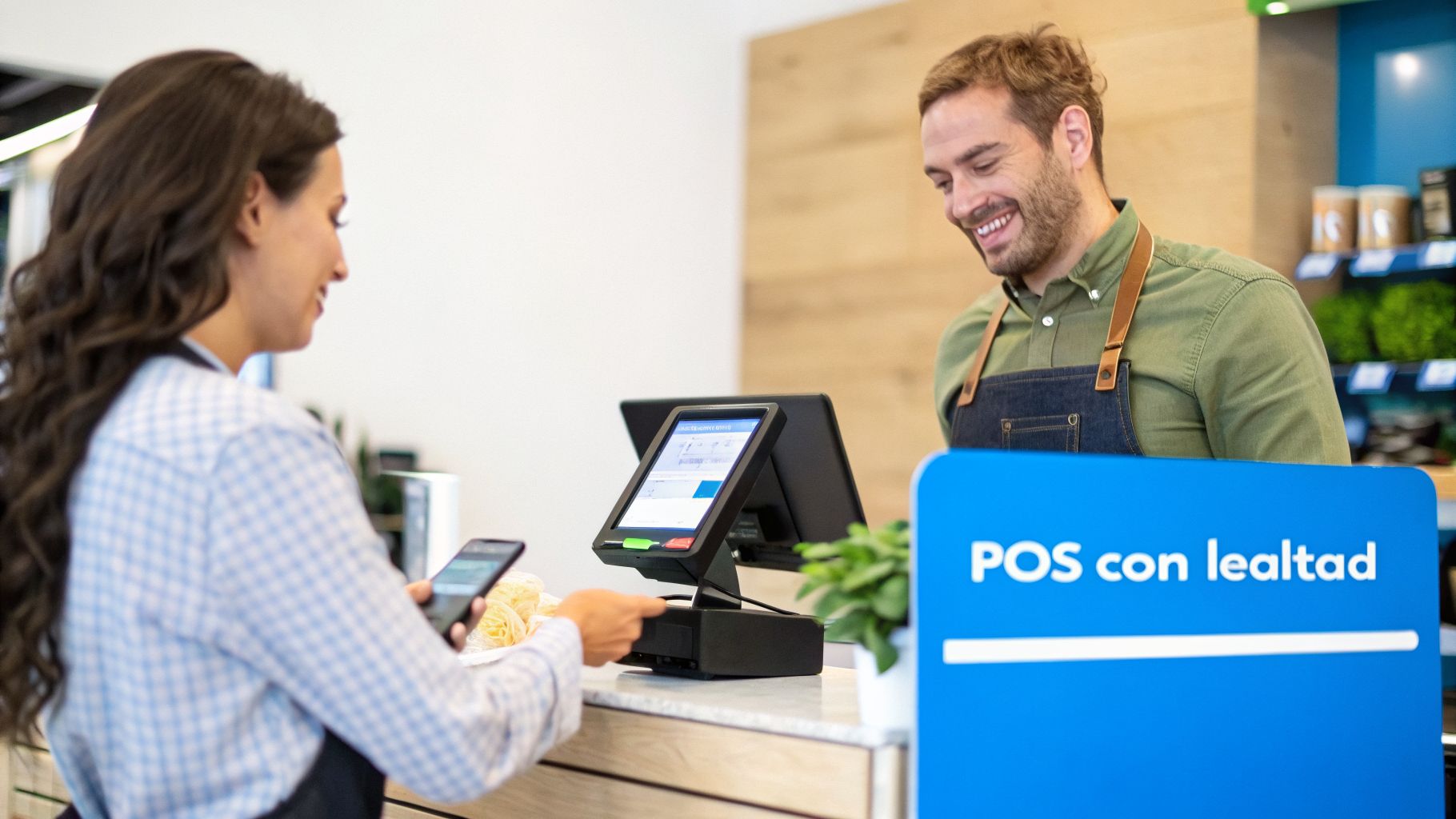 Cliente paga con móvil en un sistema POS con programa de lealtad en un supermercado.