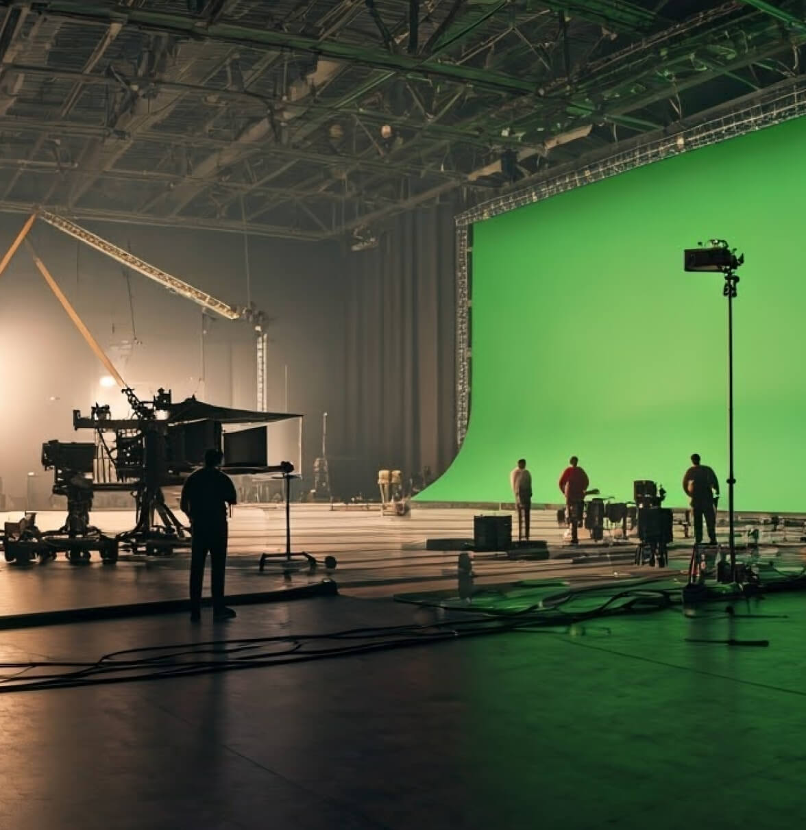 A spacious film studio with a green screen backdrop, crew members, and equipment set up for a production.