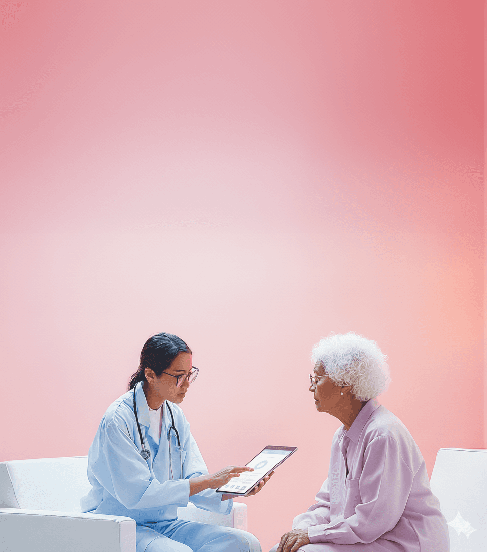 Clinician showing a tablet to an older patient, illustrating Synapti Health’s value based care training built by healthcare teams to drive shared VBC success across clinical and operational roles.