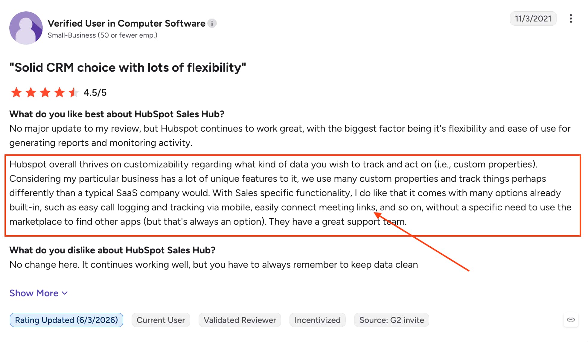 G2 review mentioning HubSpot Meeting Scheduler Meeting link