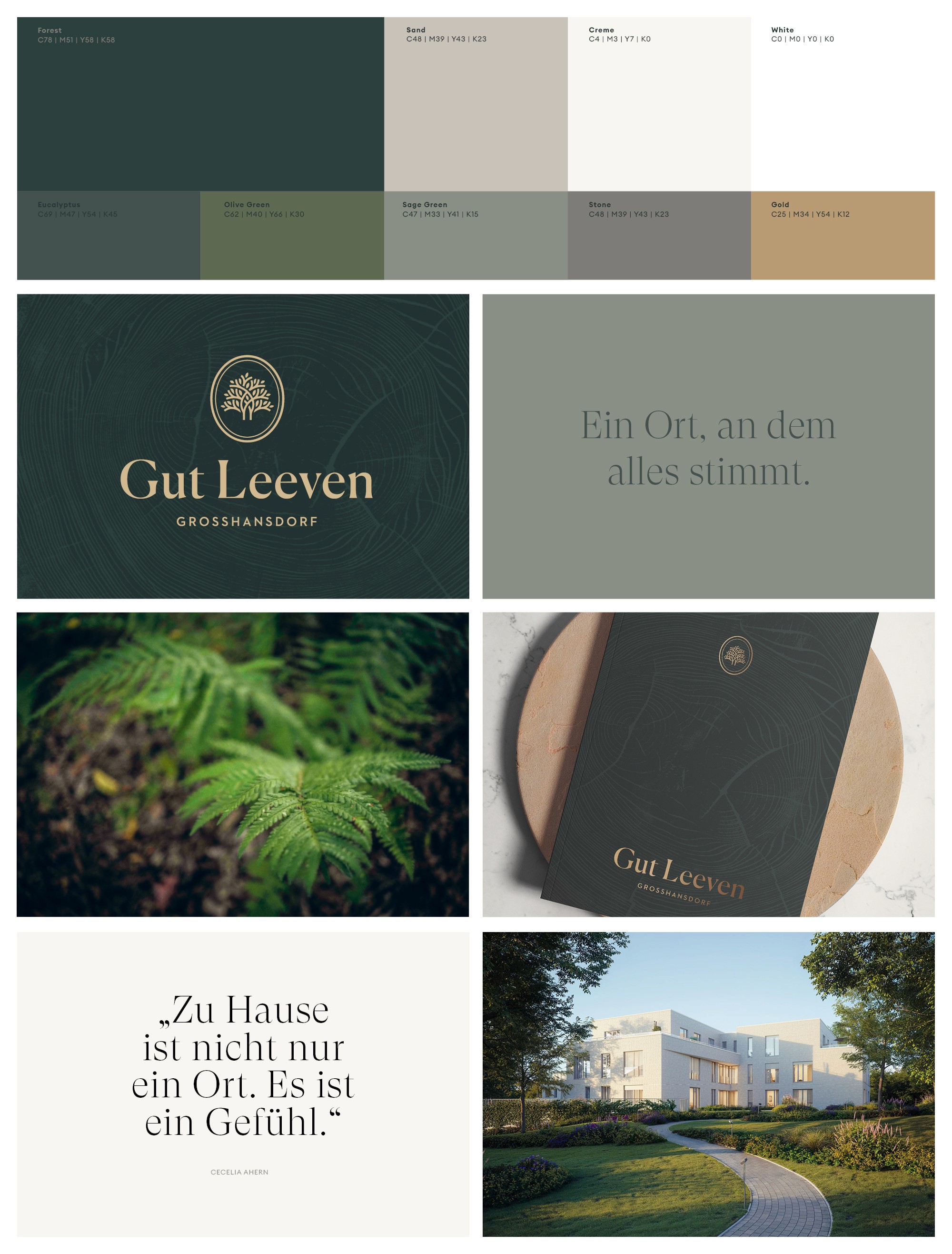 Design System und Moodboard für Gut Leeven: Präsentation der Farbpalette aus gedeckten Grüntönen, des filigranen Baum-Logos und der eleganten Typografie.