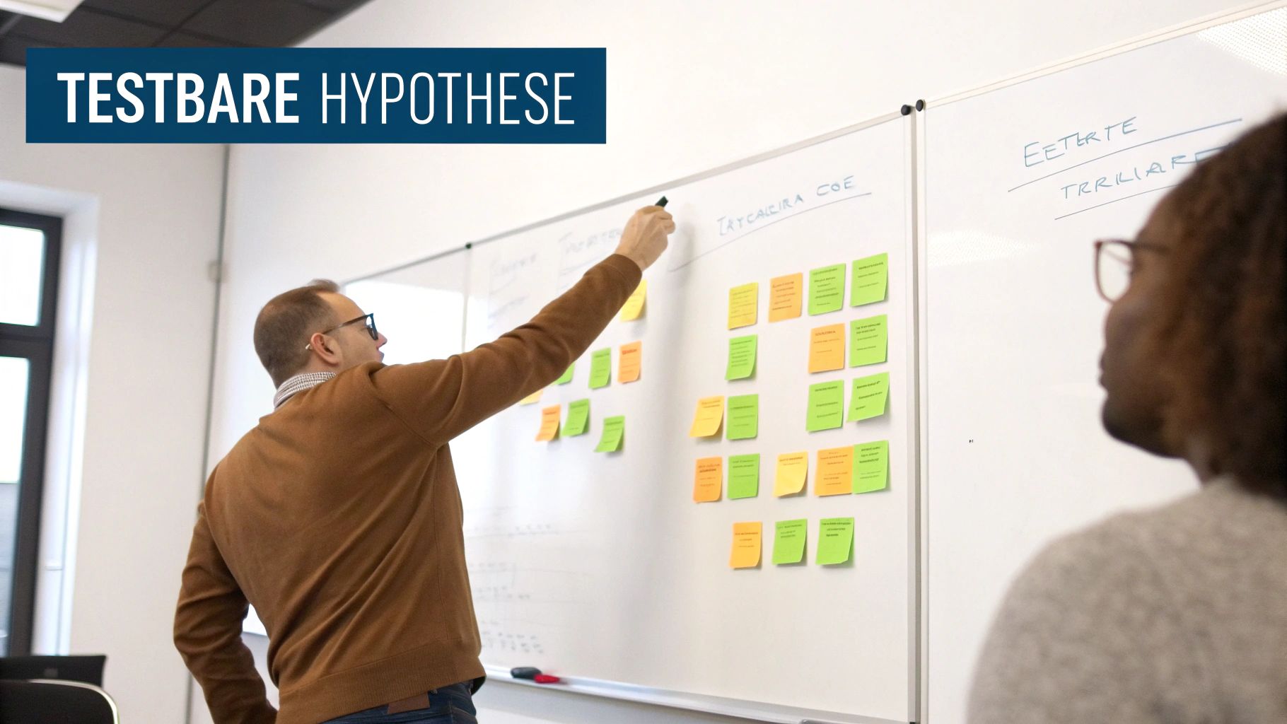 Een man schrijft op een whiteboard vol post-its onder de titel 