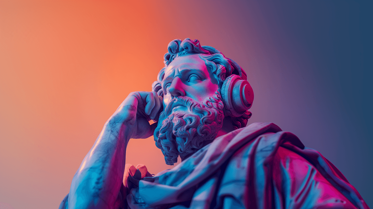 A statue of a thoughtful figure wearing headphones, lit with purple and orange lighting.
