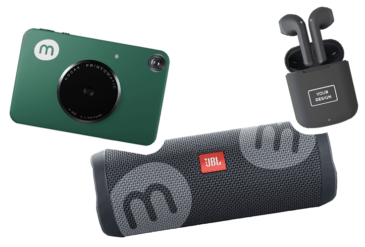 Alt text: "Collage of gadgets on a transparent background. Includes a green camera, black wireless earbuds with case, and a cylindrical Bluetooth speaker."