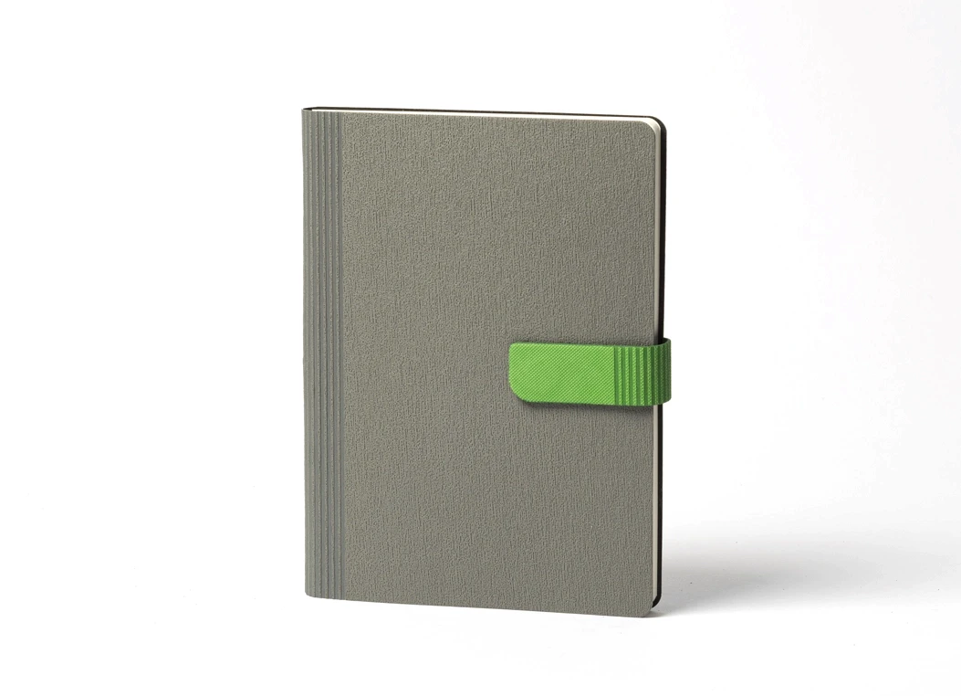 Front view of textured grey journal with contrast green strap