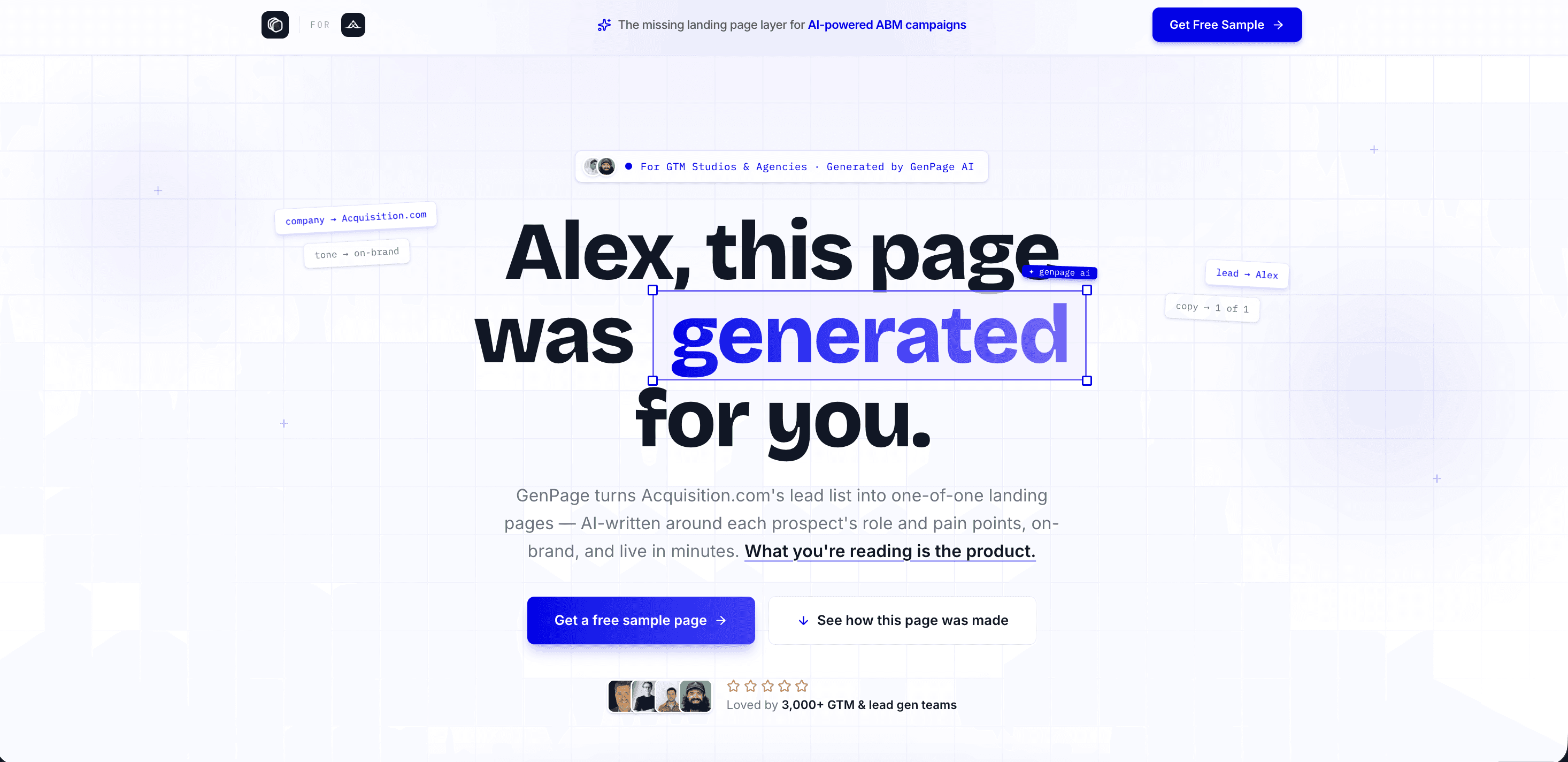 ABM sales landing page structure: personalized hero, video, problem, offer, proof, single CTA