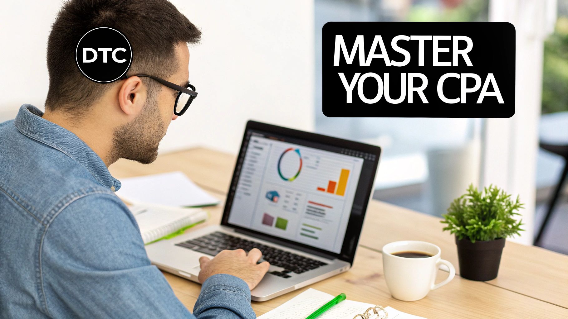 A man in glasses studies on a laptop with charts, next to a 'MASTER YOUR CPA' sign.