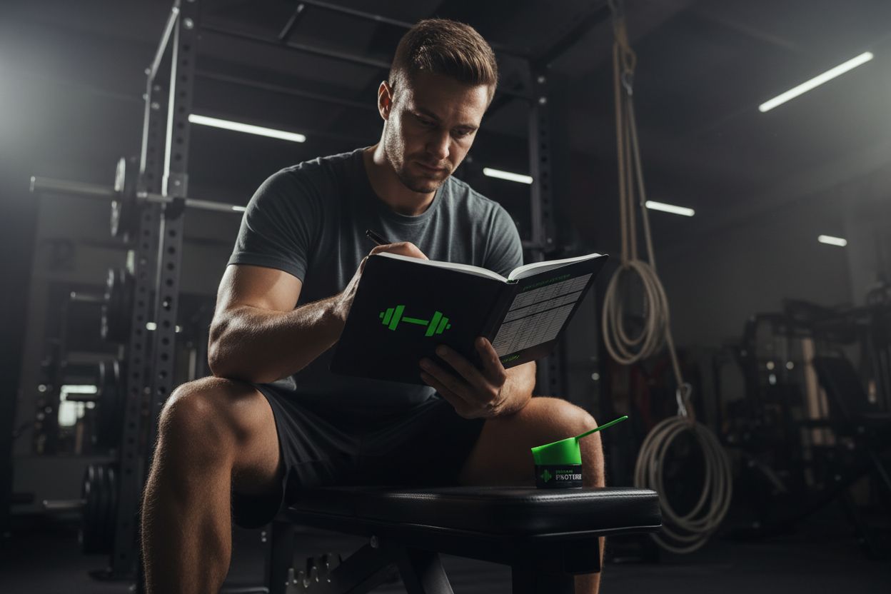 Person logging workout in a gym journal