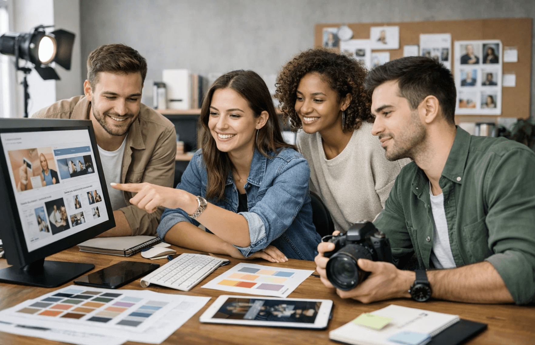 Jeunes professionnels issus d’un master en communication travaillant sur une campagne de communication et médias, illustrant les débouchés en communication, publicité et stratégie de contenu après un master en communication.