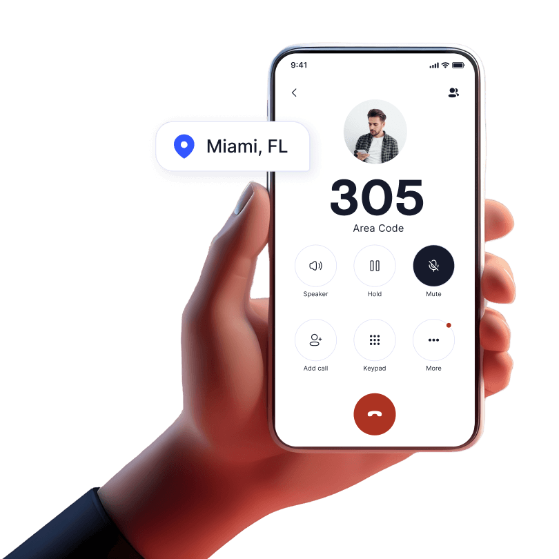 Hand holding mobile device with incoming call from 305 area code using LinkedPhone 2nd phone number mobile app