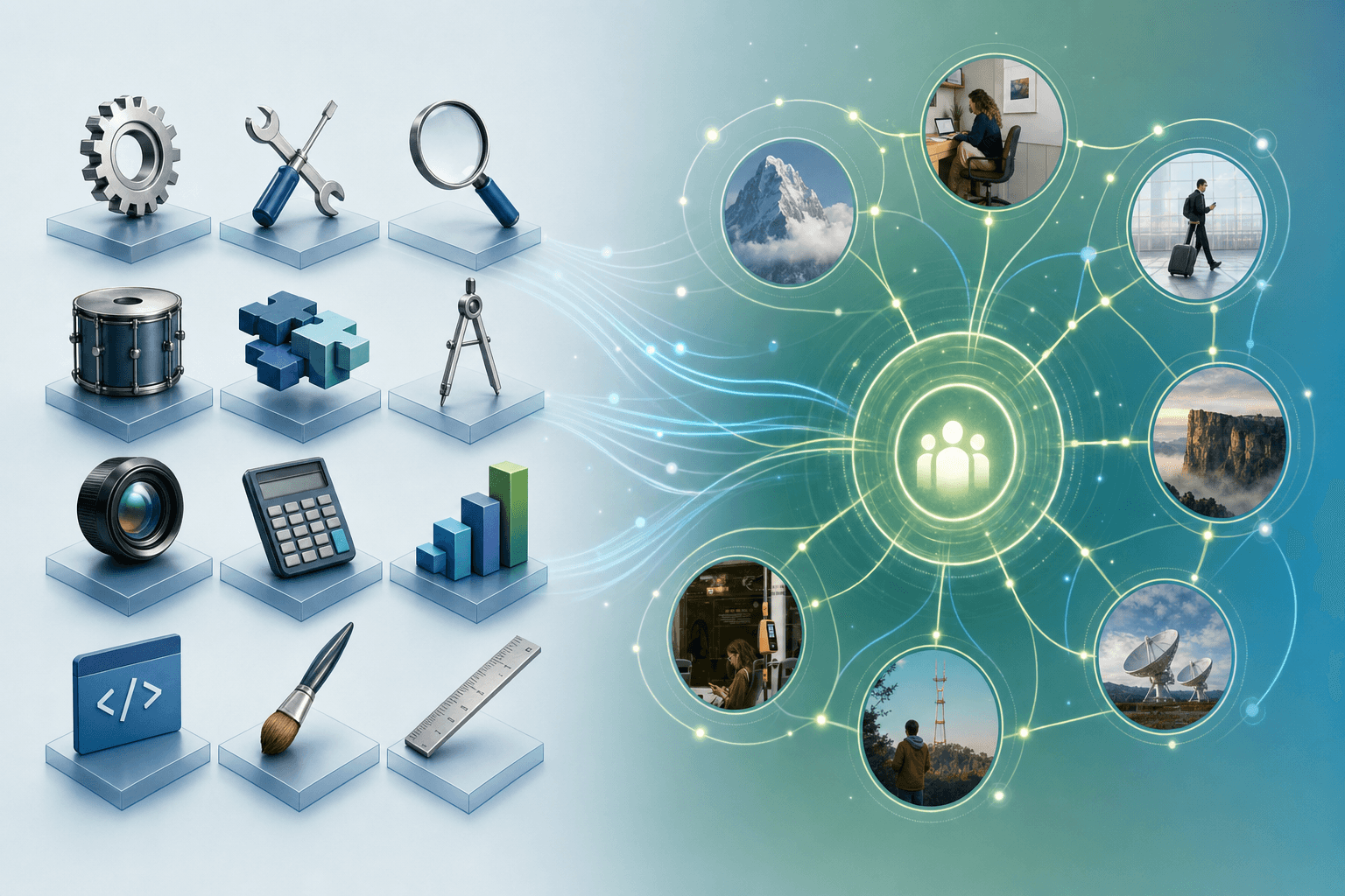 A clean, modern conceptual illustration showing the difference between skills and competencies. On the left side, visualize skills as individual building blocks or tools - discrete, measurable abilities like gears, instruments, or modular components neatly organized. On the right side, visualize competencies as an integrated system or network - showing how multiple elements connect and flow together in context, represented by interconnected nodes, pathways, or a cohesive pattern. Use a professional color palette with blues and greens. The composition should clearly show the contrast between discrete individual abilities versus integrated behavioral patterns. Abstract and clean design, no text or letters.