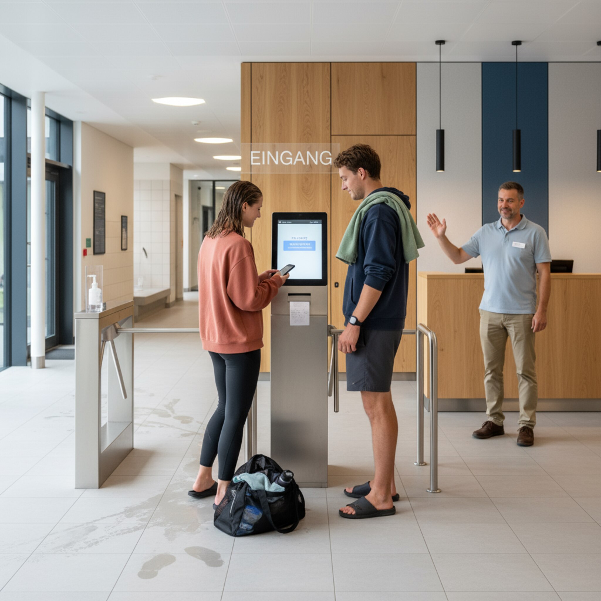Eingangsbereich eines Sportbads mit Drehkreuz, Besucher zahlen kontaktlos am Terminal und erhalten Quittungen, Mitarbeiter begrüßt Gäste, realistischer Fotostil