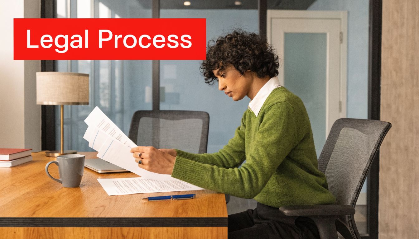 A professional in a green sweater reviewing legal documents while sitting at a desk in an office.