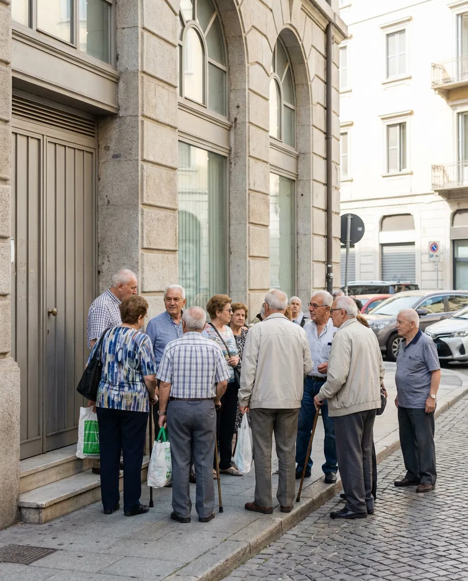 Greek retirees standing outside a Greek bank on a typical daylight street.
