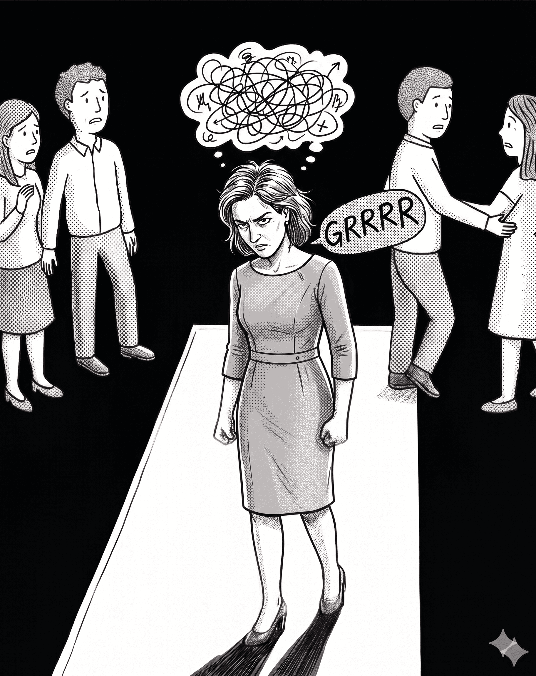 Imagem de uma ilustração em preto e branco demonstrando uma pessoa que sente estresse ou raiva a maior parte do tempo