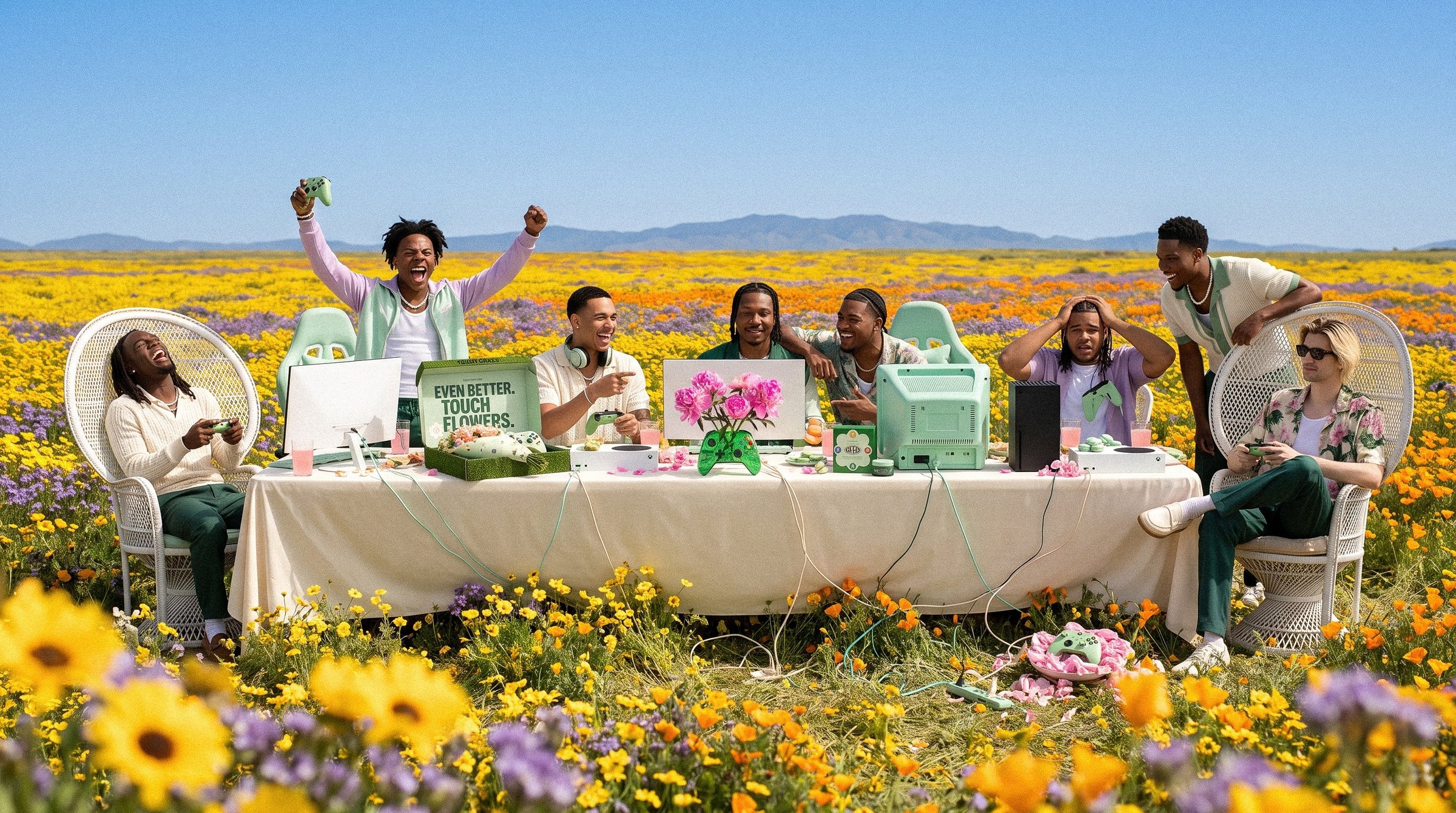 The Touch Grass LAN party in a field of wildflowers