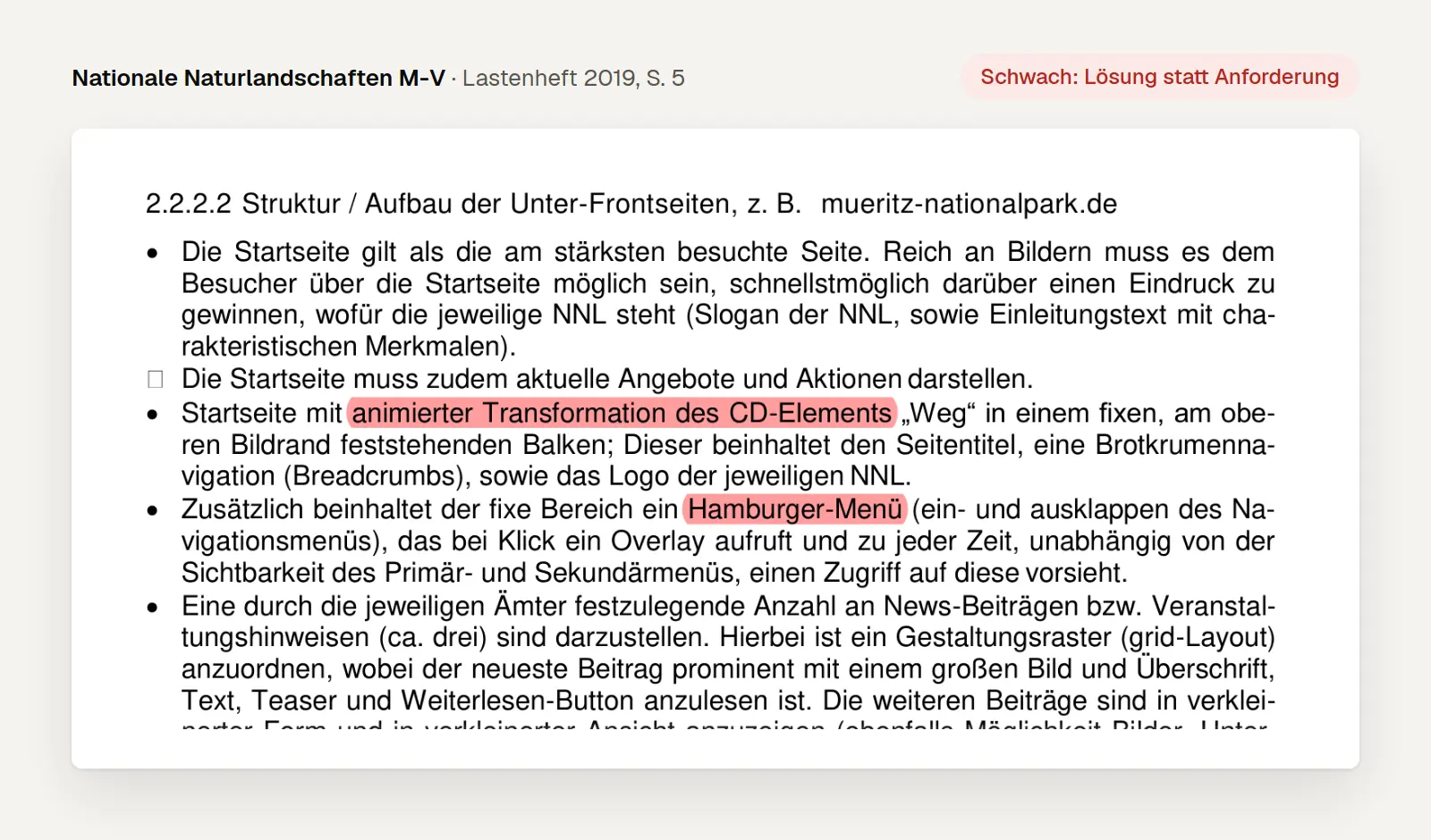 Ausschnitt aus dem Lastenheft Mecklenburg-Vorpommern 2019, Seite 5, markiert: Hamburger-Menü und animierte Transformation als Lösungsvorgaben