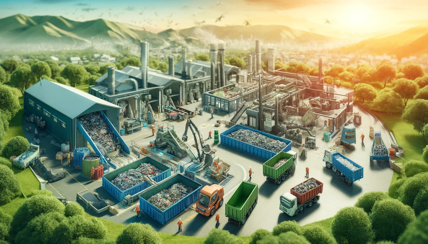 The image depicts a modern and organized recycling and waste management facility set against a picturesque backdrop of green hills and a vibrant sunset. Key elements of the image include:  Recycling Facility:  Industrial Buildings: The facility consists of several large industrial buildings equipped with machinery for sorting and processing waste materials. Conveyor Belts: Conveyor belts are seen transporting waste materials from one section of the facility to another, indicating an automated sorting process. Waste Sorting and Processing:  Sorted Waste Piles: Large containers and bins are filled with sorted recyclable materials such as plastics, metals, and paper. These materials are separated and ready for further processing or recycling. Machinery and Equipment: Heavy machinery, including excavators and cranes, are actively involved in moving and processing the waste materials. Transportation and Logistics:  Trucks and Vehicles: Several trucks are present, some loading and unloading materials, while others are ready to transport sorted recyclables to different destinations. The vehicles are essential for the logistical aspect of the recycling process. Loading Areas: Designated areas for loading and unloading materials are organized to ensure smooth operation and efficiency. Workers and Operations:  Personnel: Workers in orange uniforms are seen throughout the facility, operating machinery, overseeing processes, and ensuring that the operations run smoothly. Safety and Organization: The presence of safety cones and clearly marked pathways suggests a well-organized and safe working environment. Environmental Integration:  Green Surroundings: The facility is surrounded by lush green trees and landscaped areas, indicating an effort to integrate the industrial operations with the natural environment. Sustainability Focus: The overall setup emphasizes sustainability and environmental responsibility, highlighting the facility’s role in recycling and waste management. Background and Setting:  Hills and Mountains: The background features rolling hills and mountains, adding to the scenic beauty of the location. Sunset: The setting sun casts a warm glow over the entire scene, creating a tranquil and aesthetically pleasing atmosphere. Overall, the image portrays a well-organized and efficient recycling facility that balances industrial operations with environmental sustainability, reflecting a commitment to responsible waste management and ecological preservation.