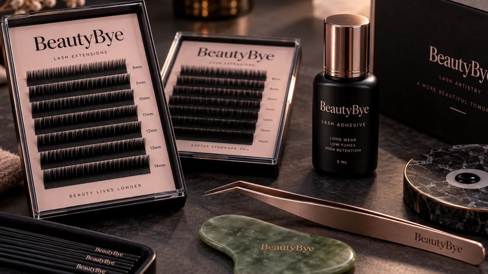 BeautyBye professional lash adhesive and extension trays photographed in a premium studio setting
