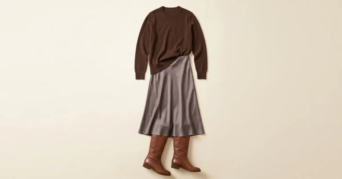 Mauve satin midi skirt laid flat with a chocolate brown fine-knit sweater and brown leather knee-high boots on a warm ivory background