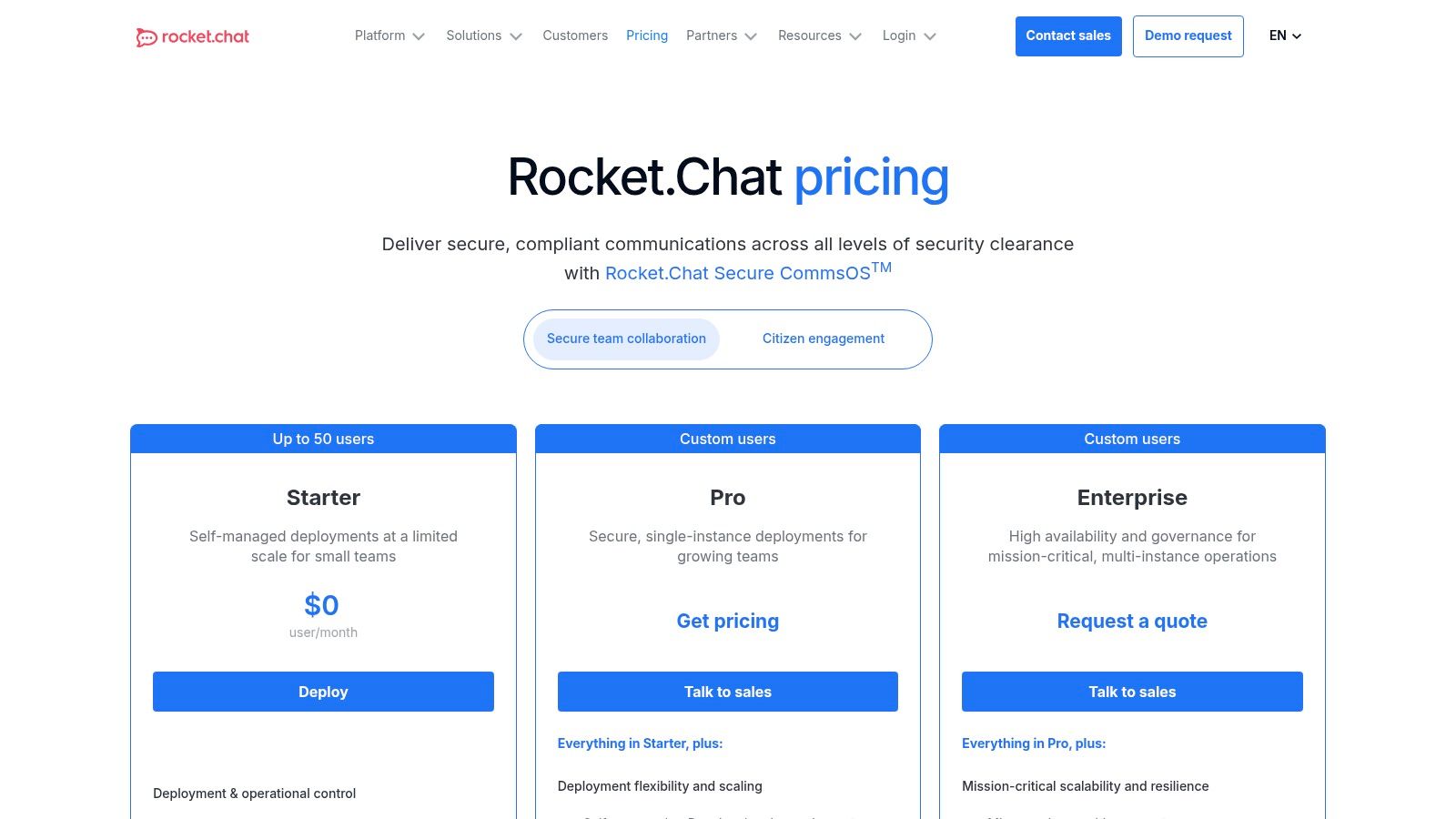 team communication tools pricing plans for Rocket.Chat