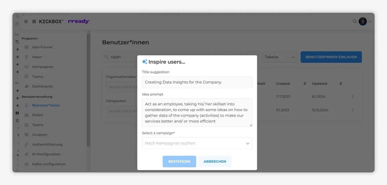 Screenshot of the Inspire Feature on the rready platform