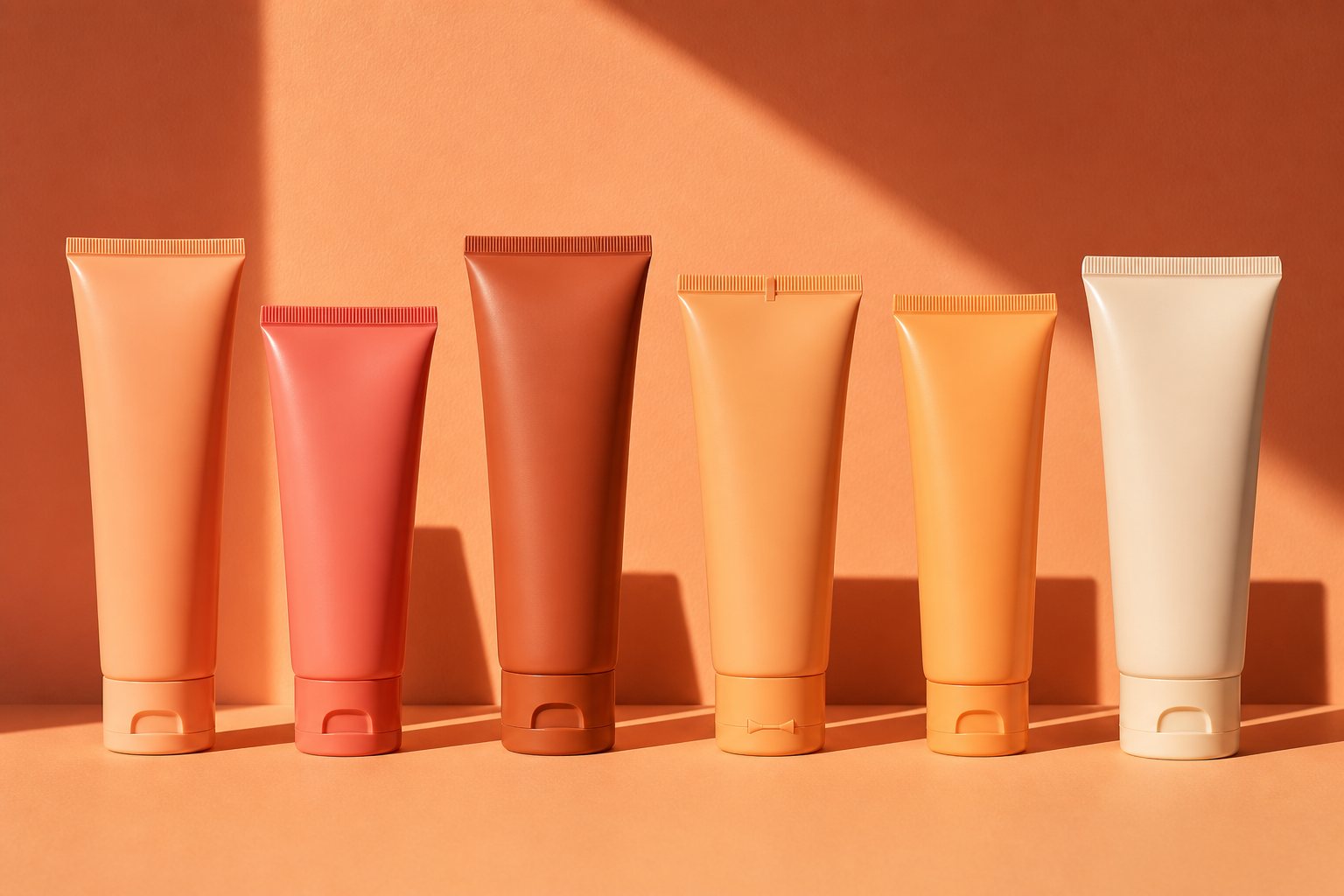 A row of peach and coral cosmetic tubes against an apricot wall, one turned away from the camera